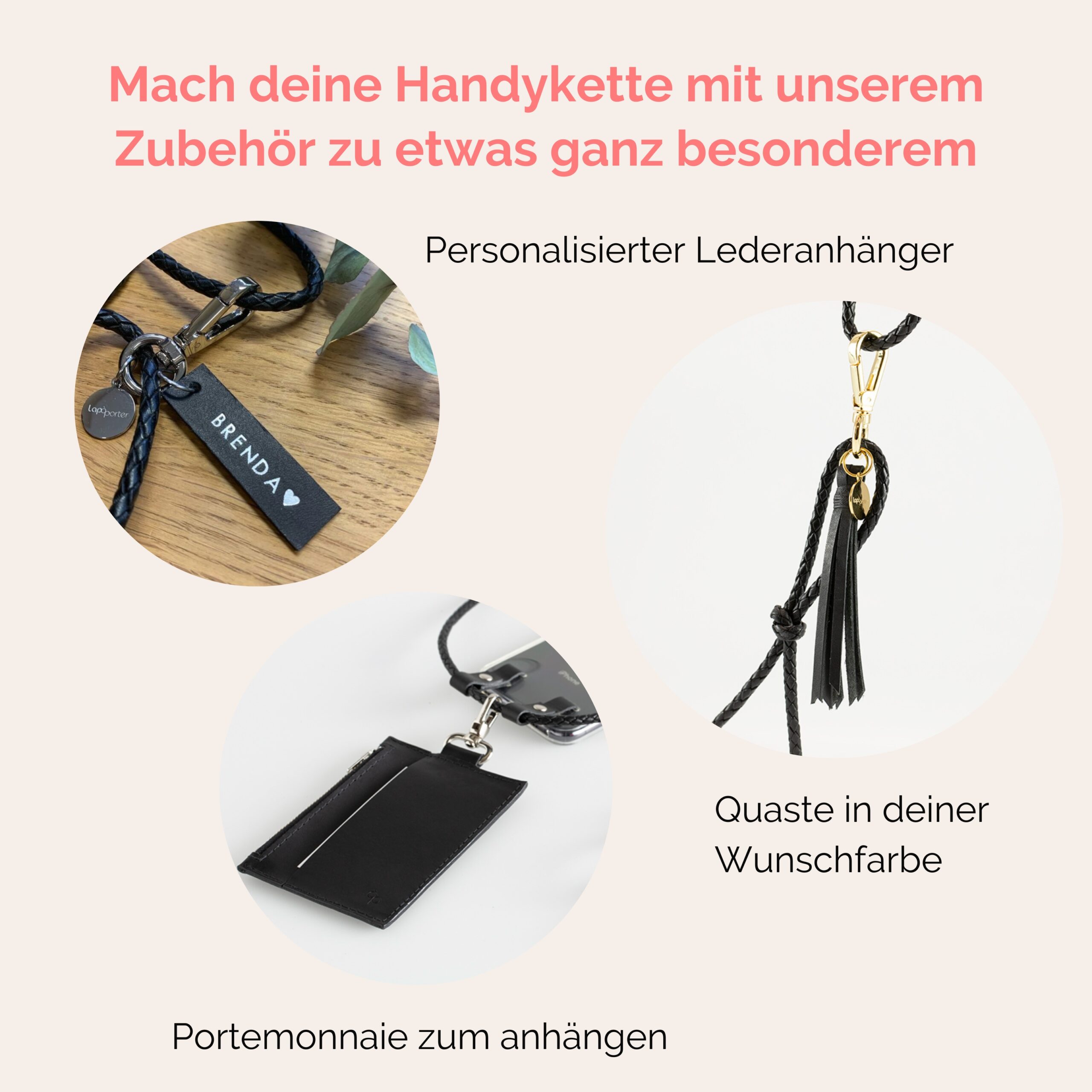 Handykette Leder mit geflochtener Lederkordel Romy in schwarz