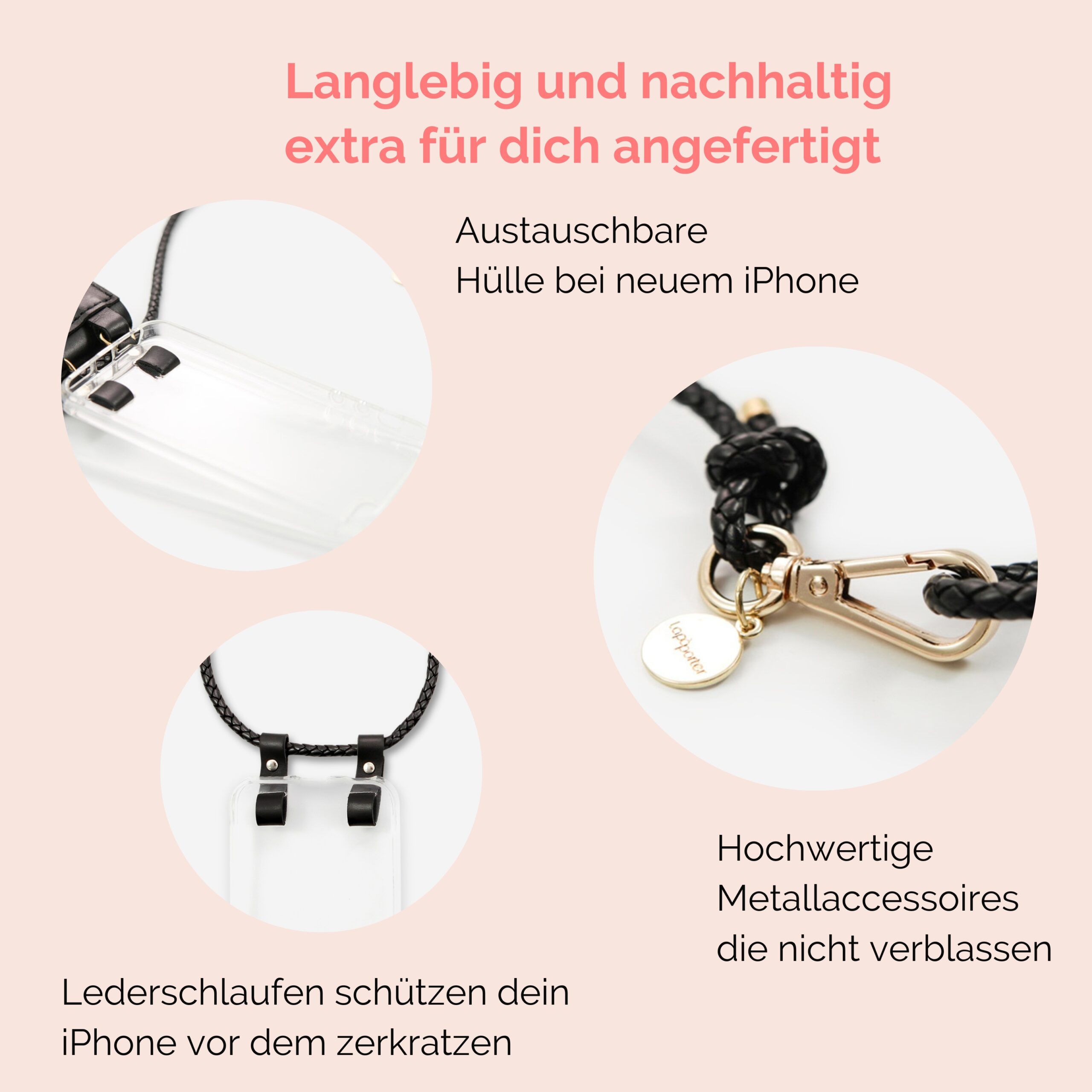 Handykette Leder mit geflochtener Lederkordel Romy in schwarz