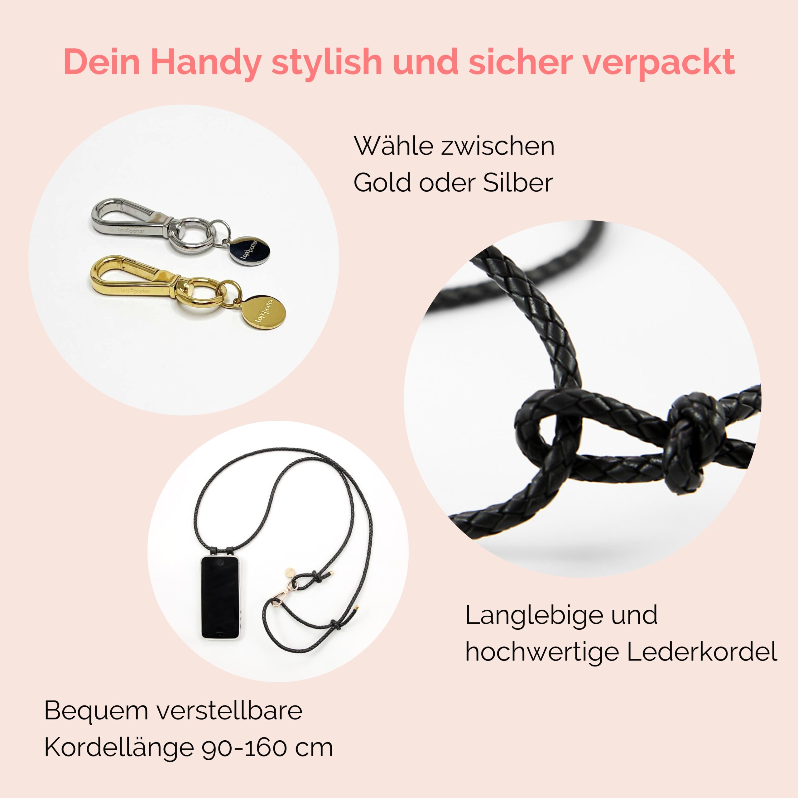 Handykette Leder mit geflochtener Lederkordel Romy in schwarz