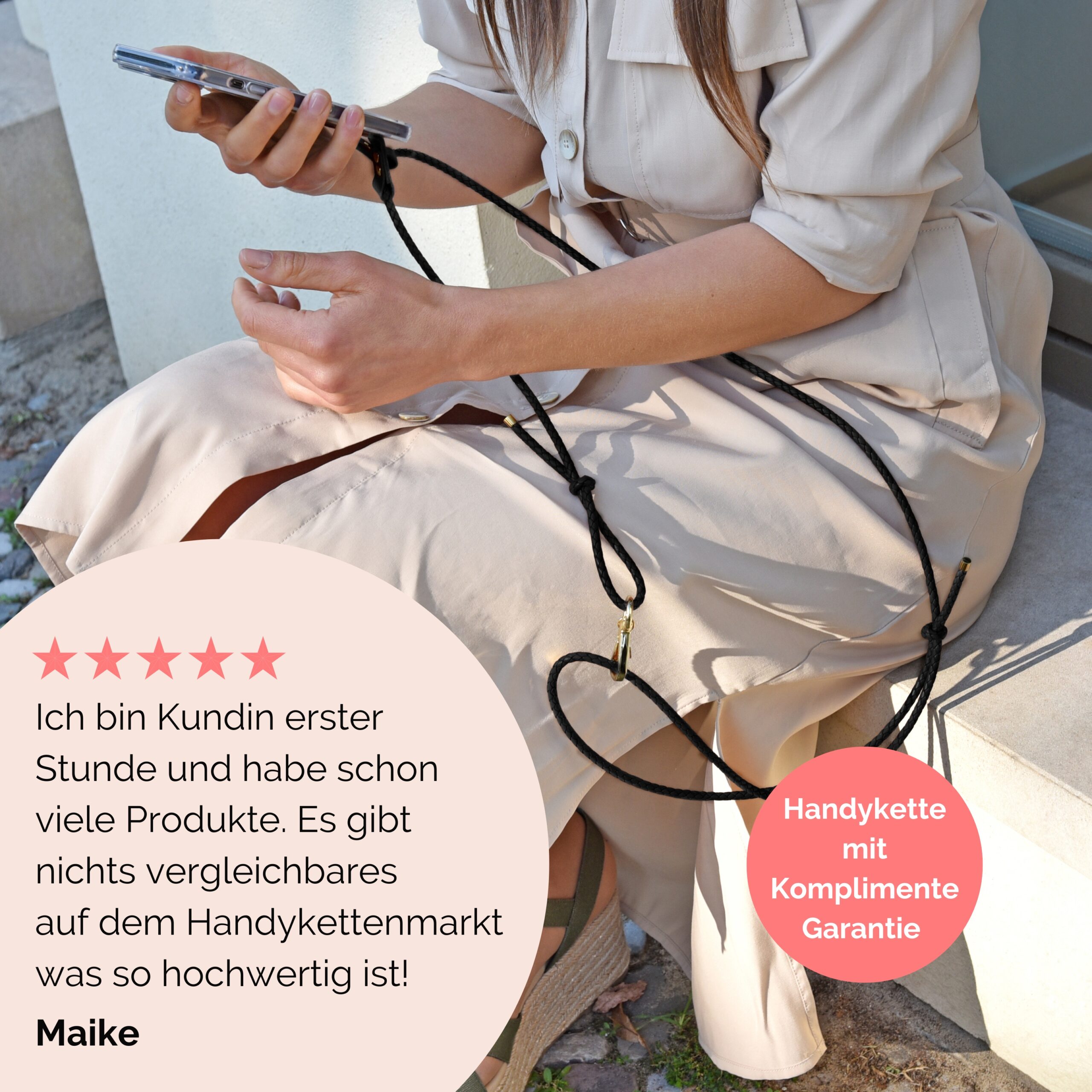 Handykette Leder mit geflochtener Lederkordel Romy in schwarz