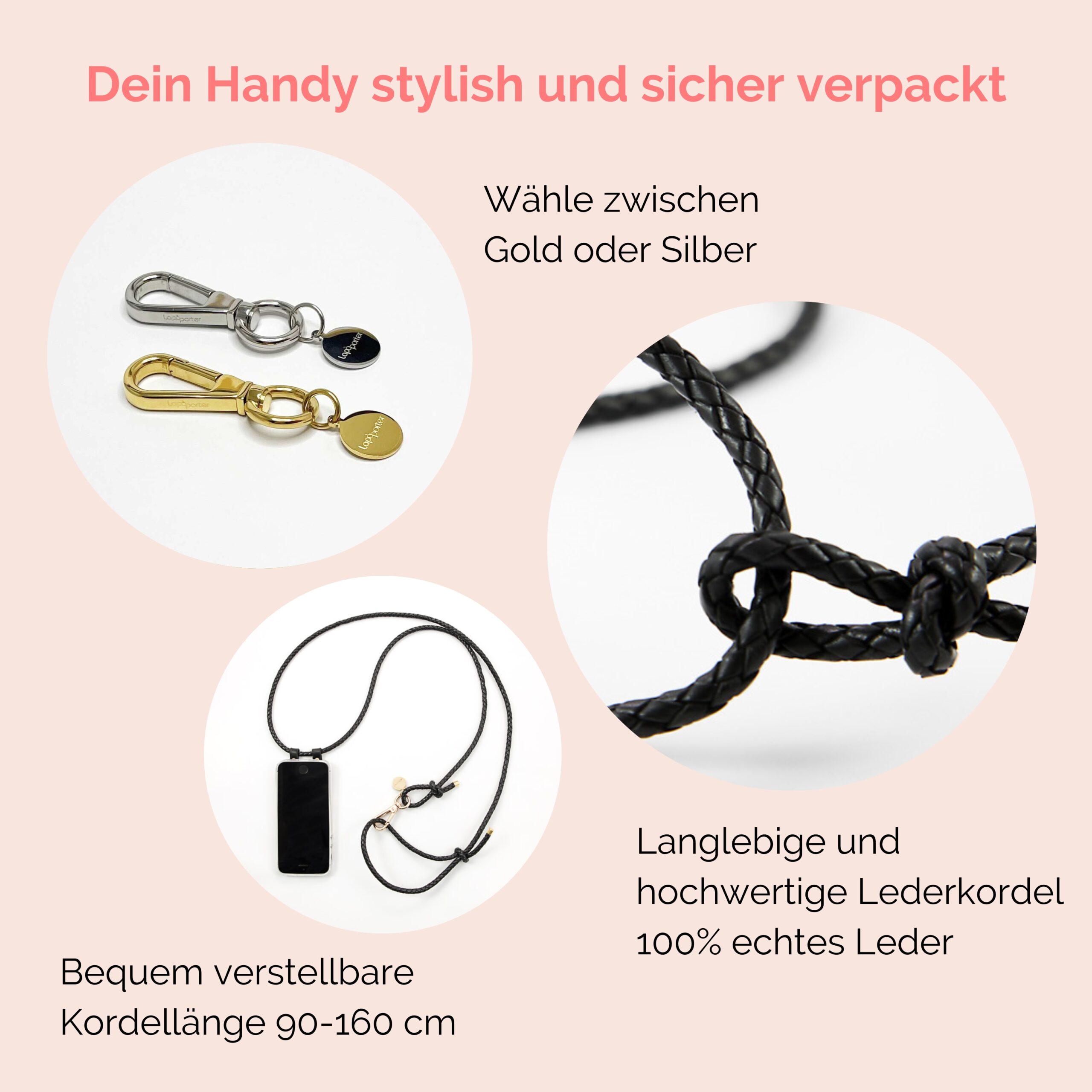 Handylette Leder mit geflochtener Lederkordel und Ledertasche Coco in schwarz