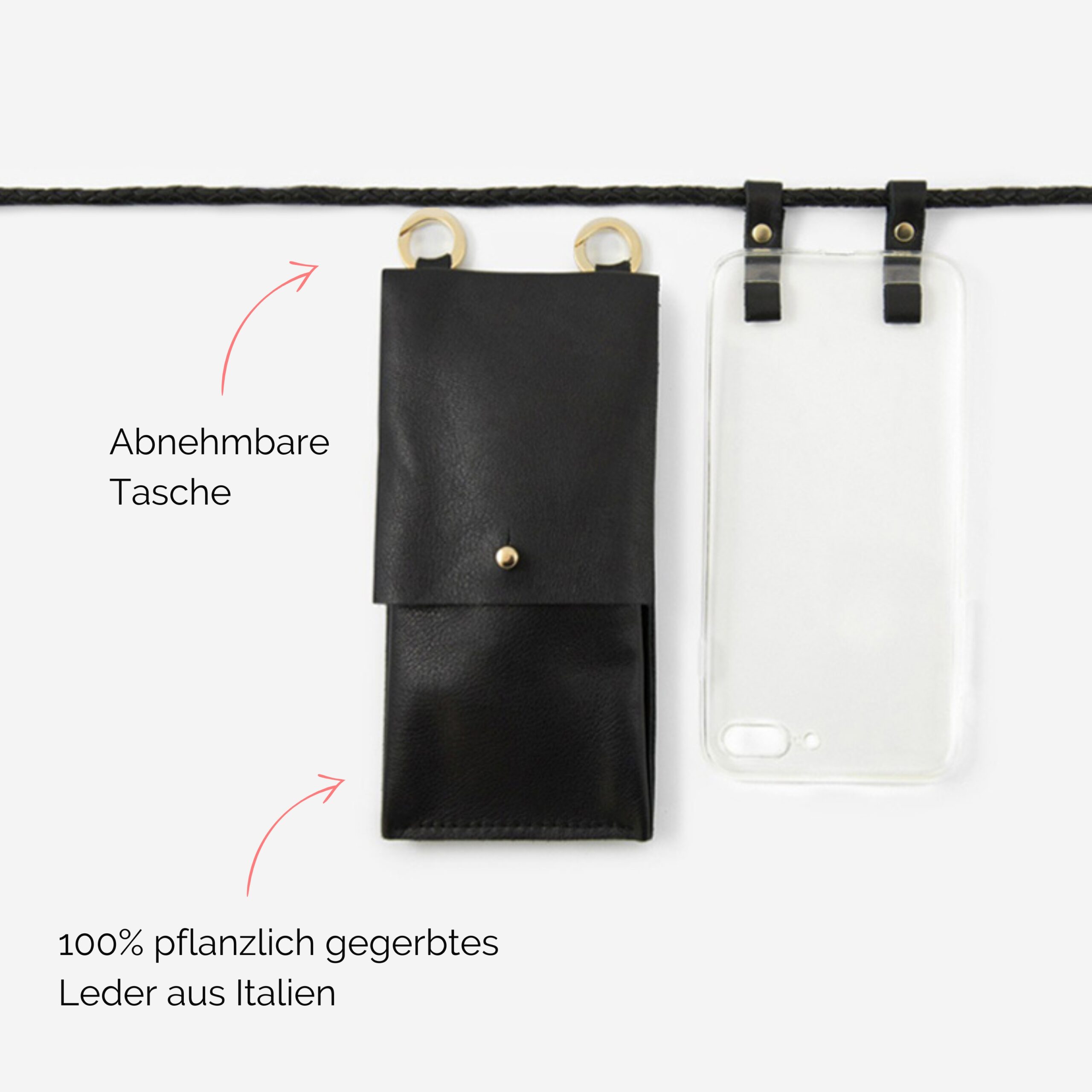Handylette Leder mit geflochtener Lederkordel und Ledertasche Coco in schwarz