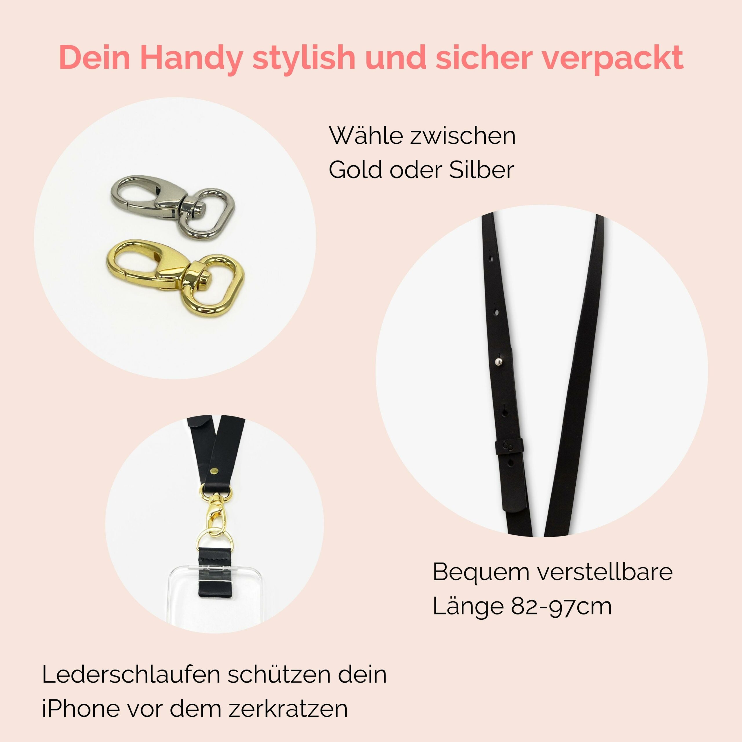 Handyhülle mit breitem Band aus Leder Amelia in schwarz