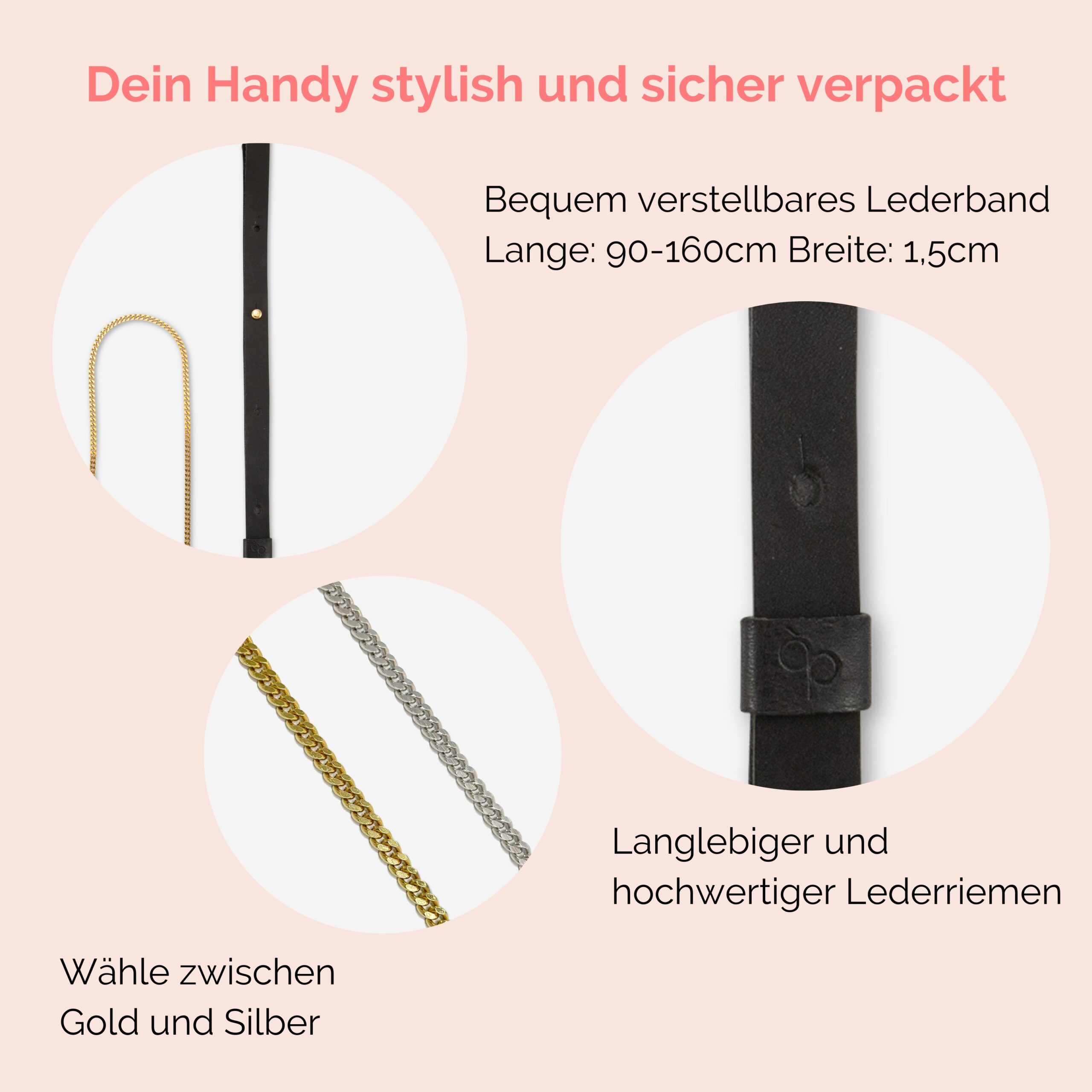 Handykette Edelstahl Gliederkette mit Lederriemen Monique und Tasche aus Leder in schwarz