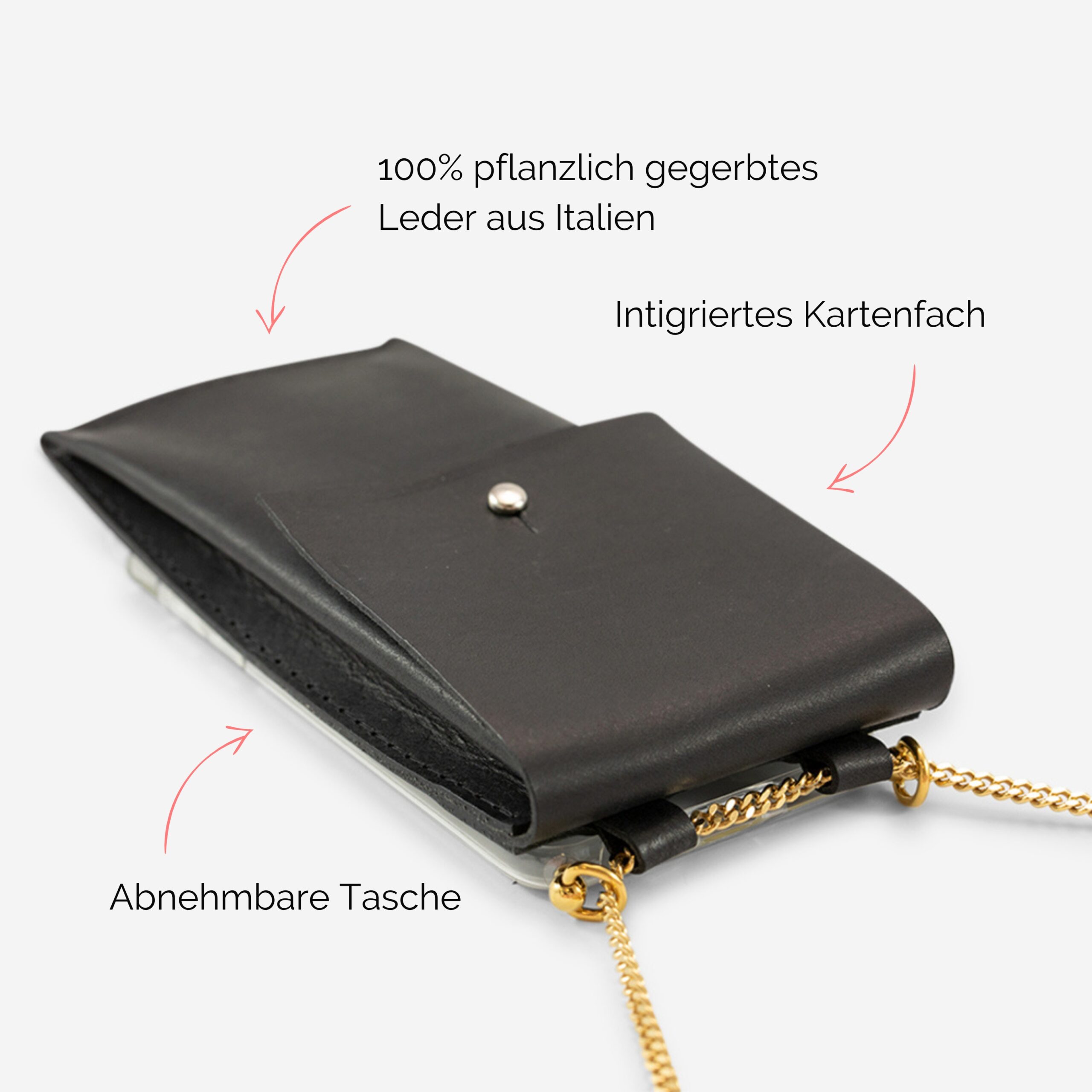 Handykette Edelstahl Gliederkette mit Lederriemen Monique und Tasche aus Leder in schwarz