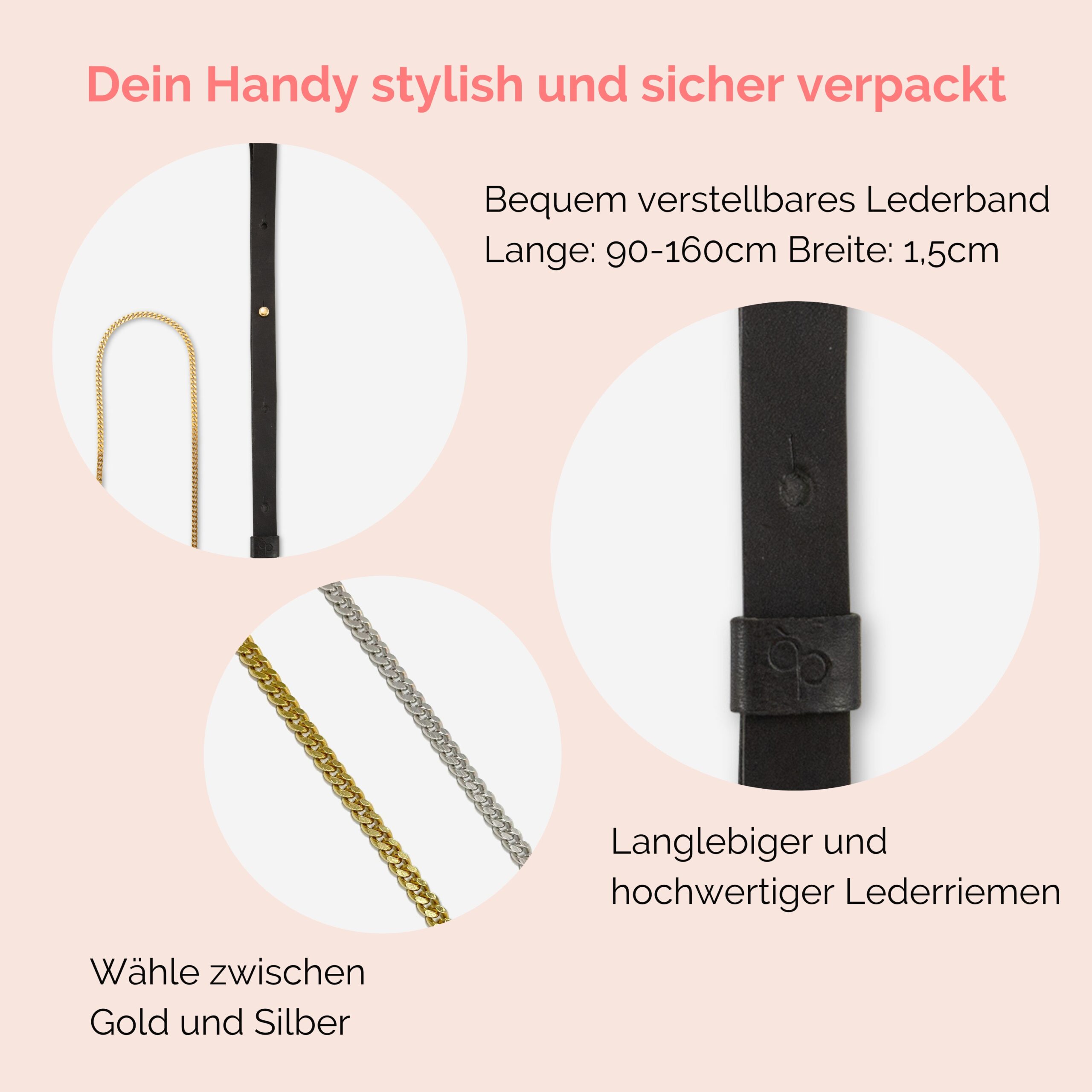 Handykette Edelstahl Gliederkette mit Lederriemen Monique in schwarz