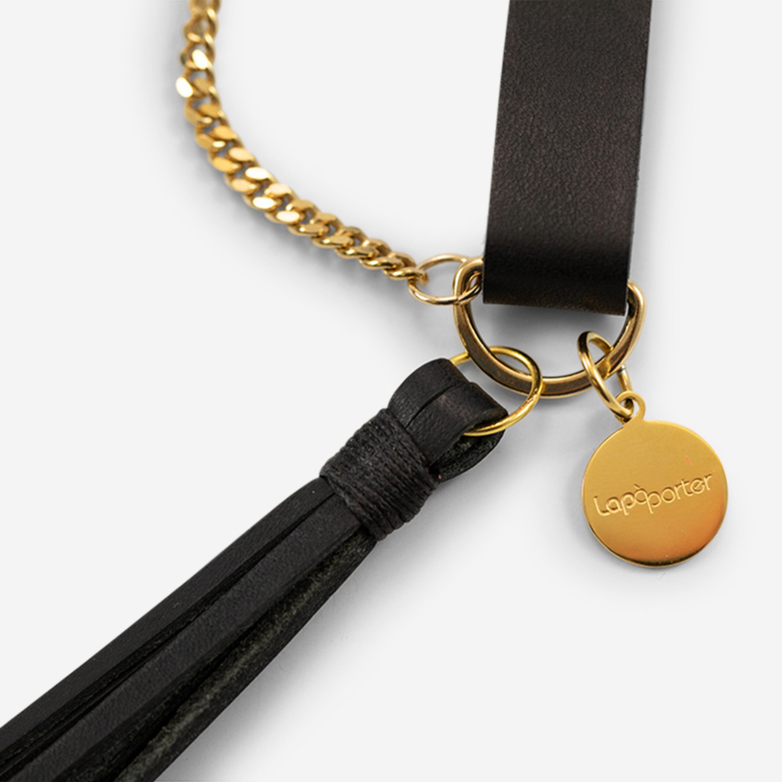 Handykette Edelstahl Gliederkette mit Lederriemen Monique in schwarz