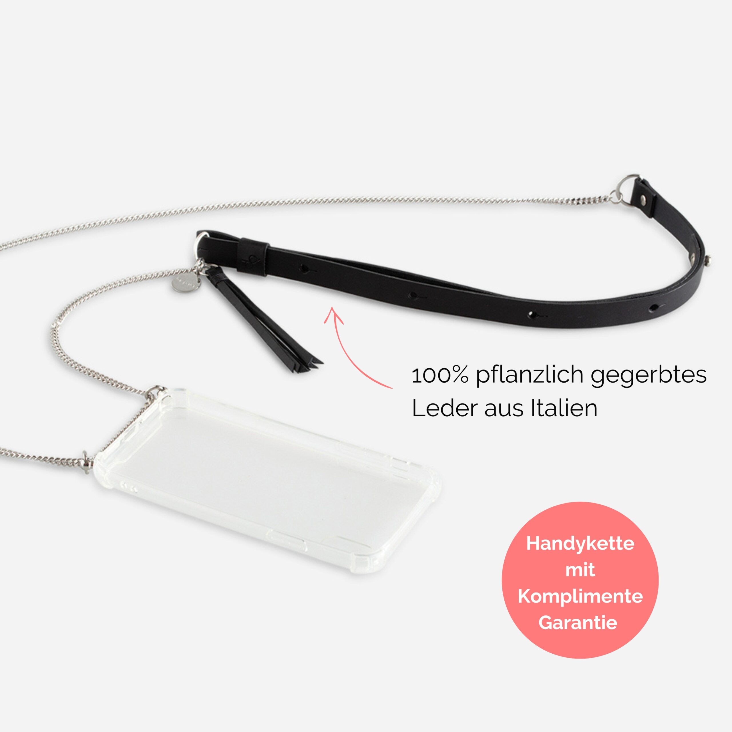 Handykette Edelstahl Gliederkette mit Lederriemen Monique in schwarz