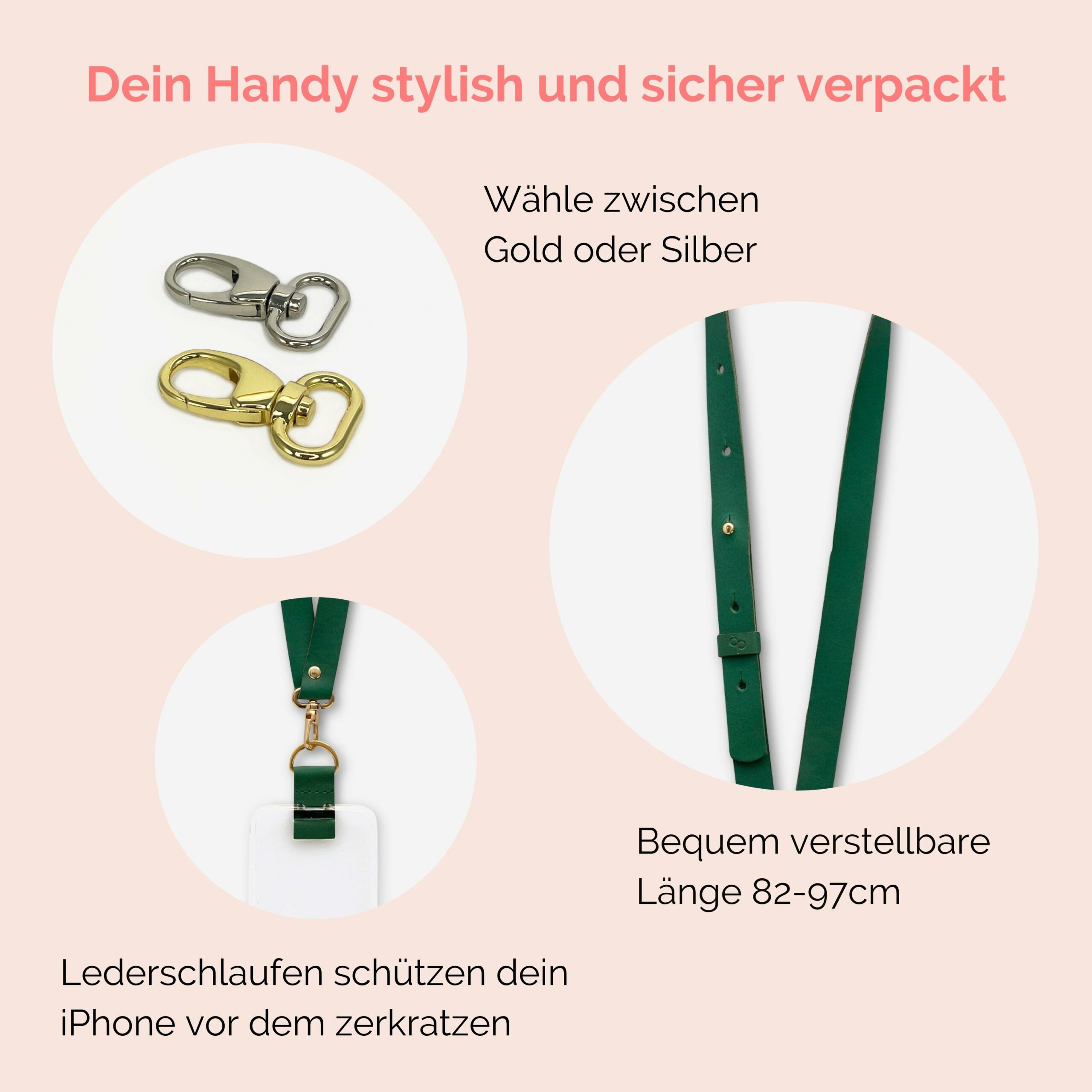 Handyhülle mit breitem Band aus Leder Amelia in grün