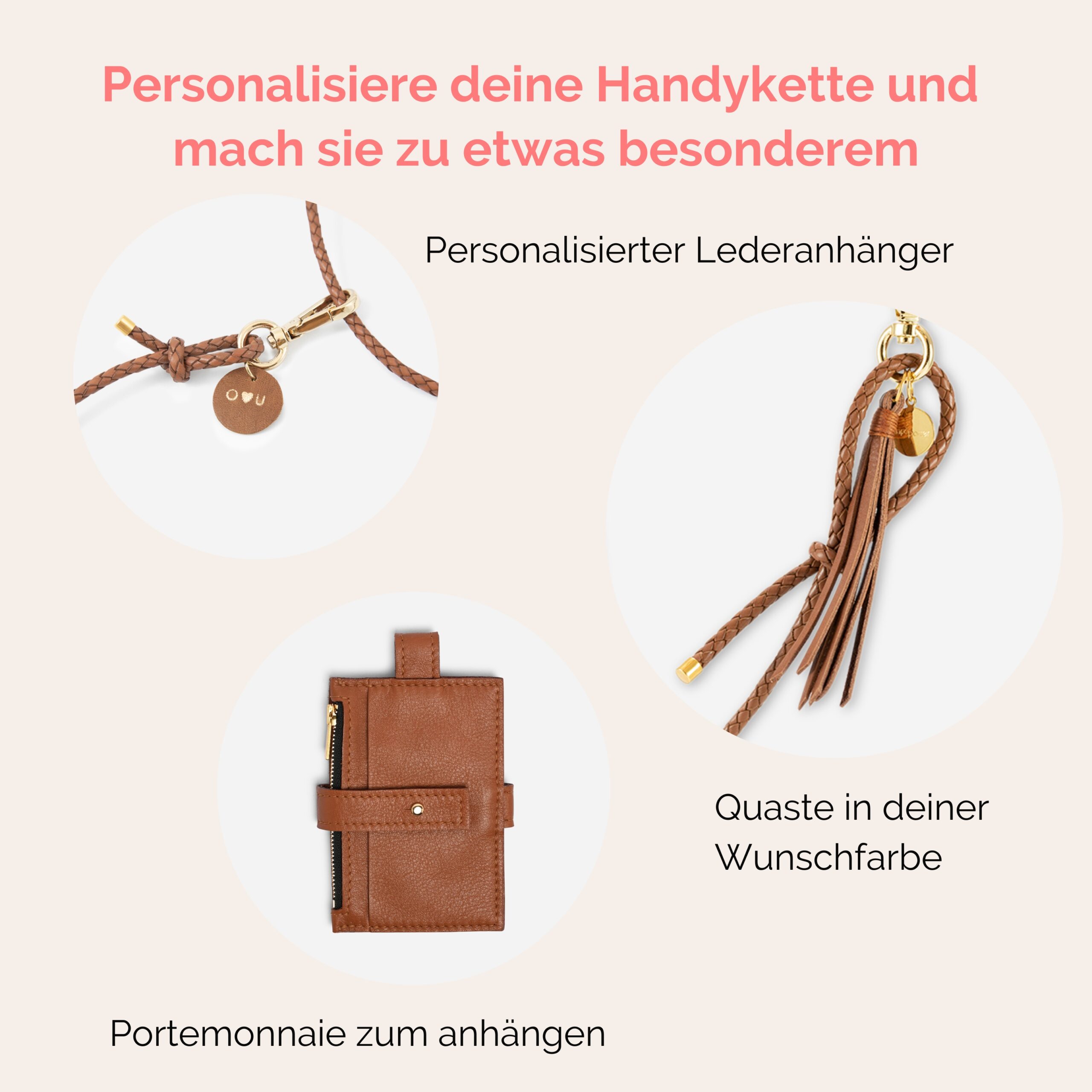 Handykette Leder mit geflochtener Lederkordel Romy in cognac