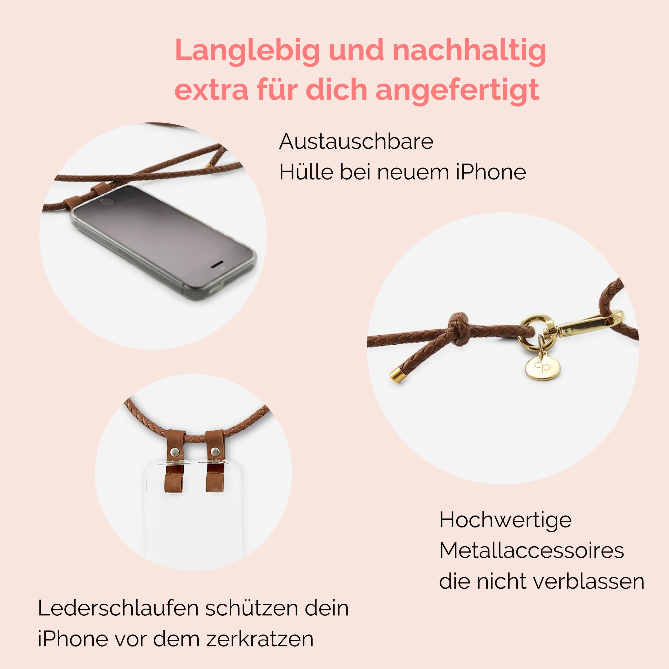 Handykette Leder mit geflochtener Lederkordel Romy in cognac