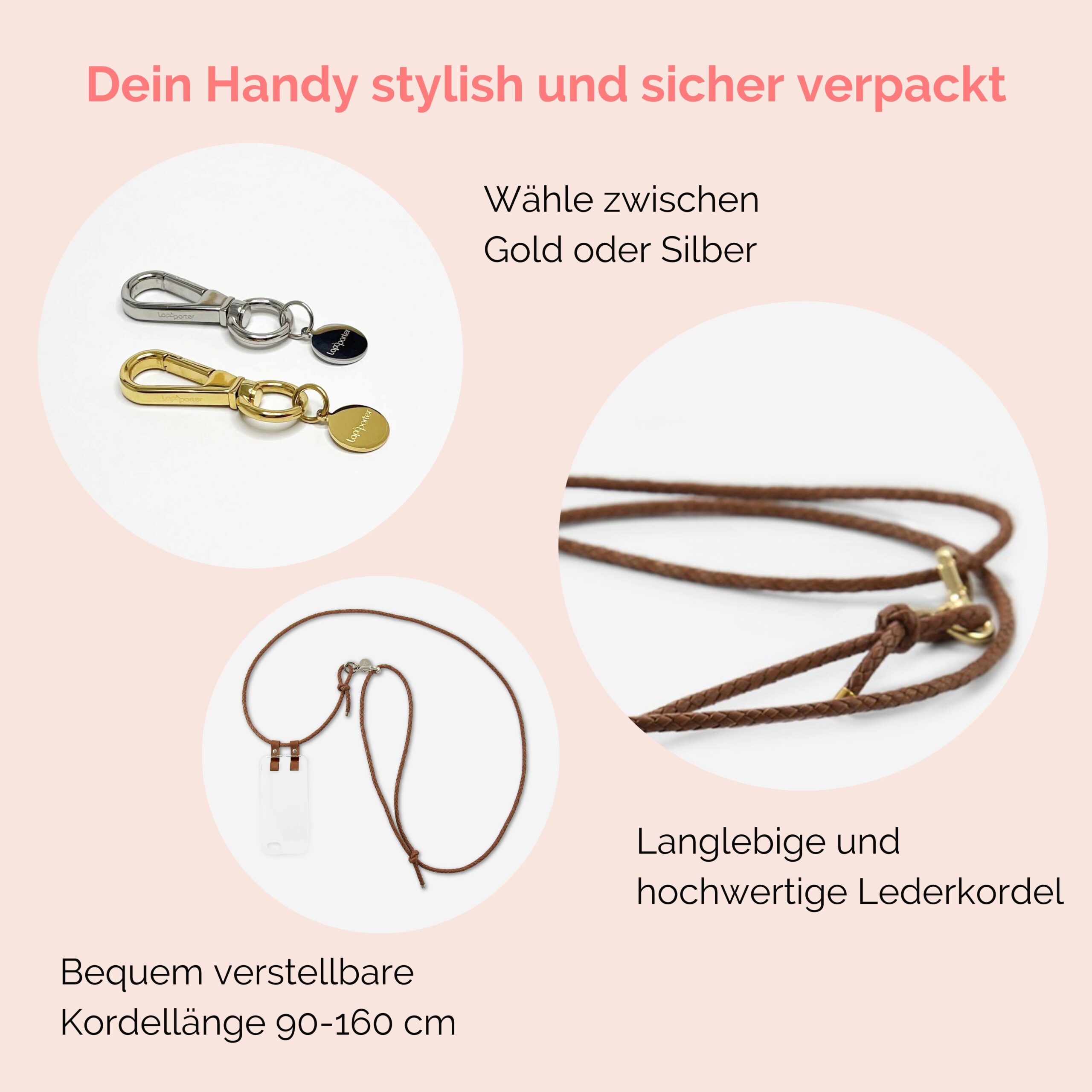 Handykette Leder mit geflochtener Lederkordel Romy in cognac