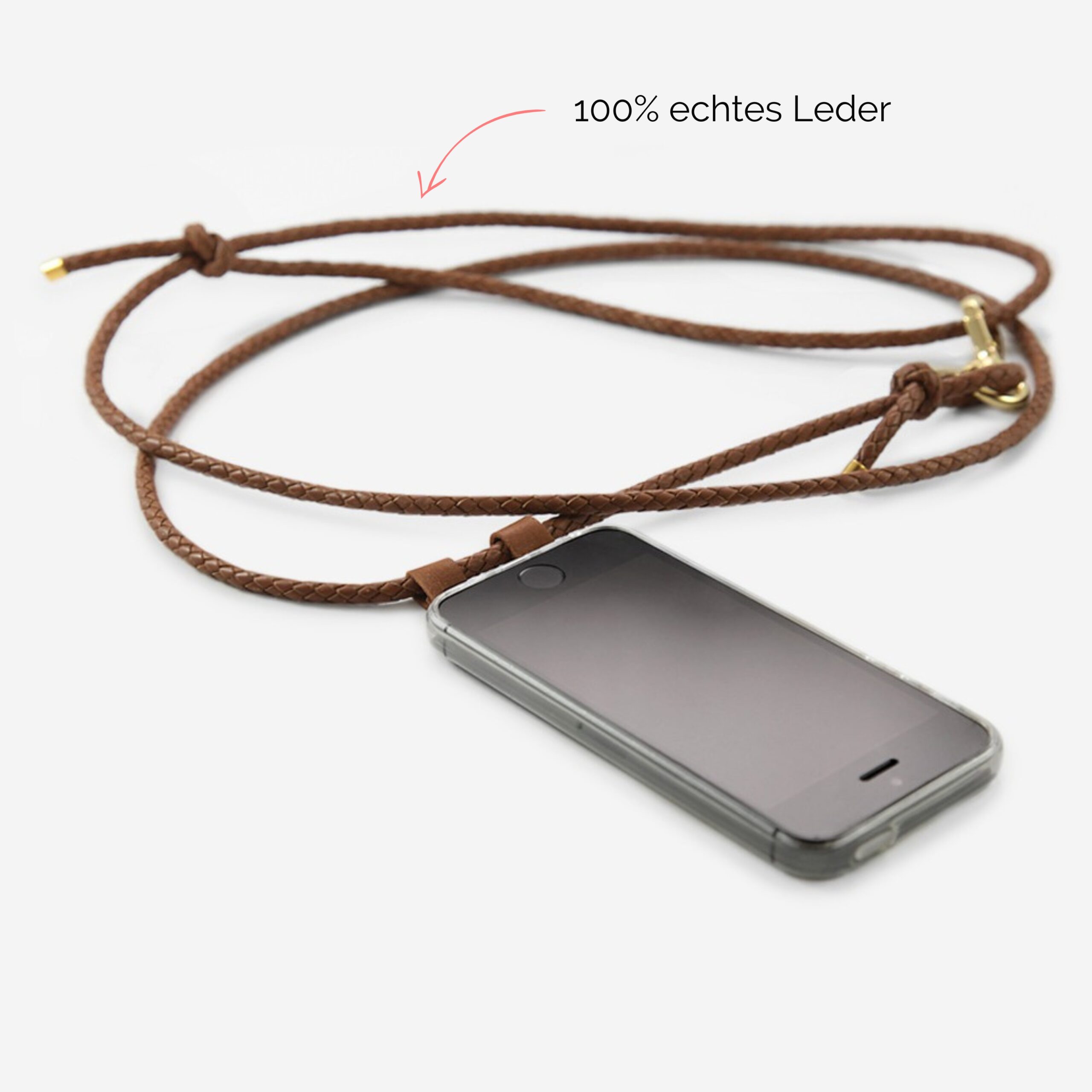 Handykette Leder mit geflochtener Lederkordel Romy in cognac