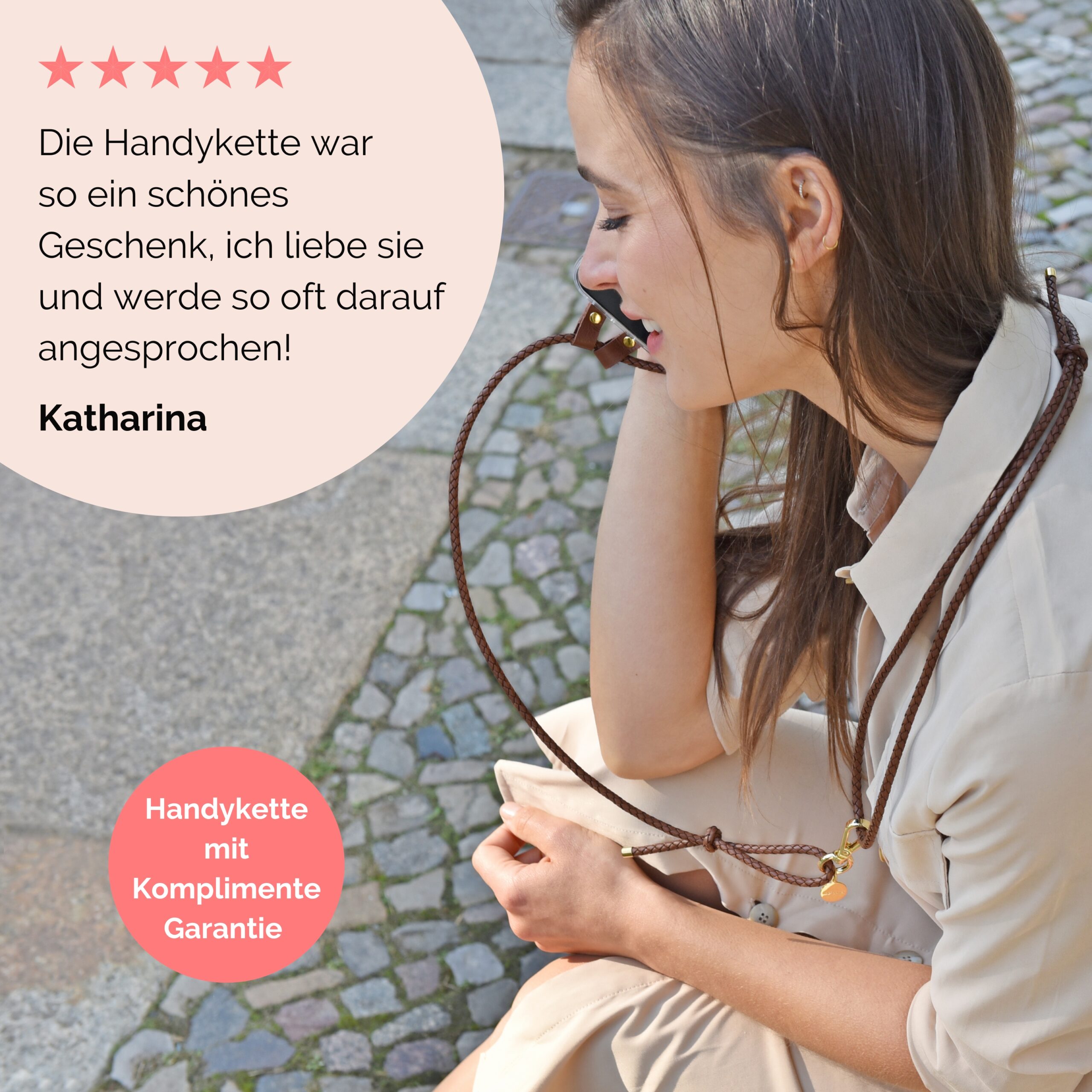 Handykette Leder mit geflochtener Lederkordel Romy in cognac