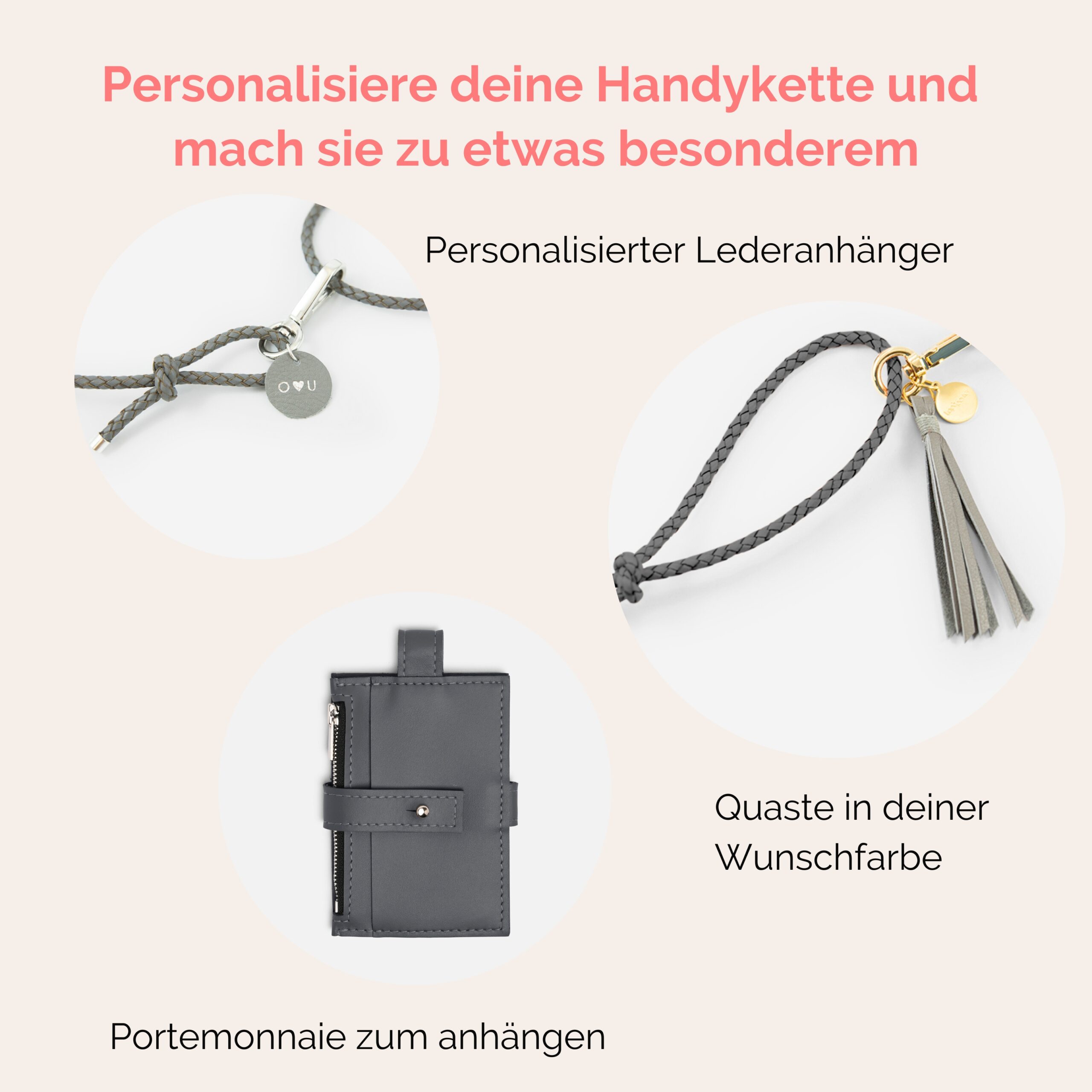 Handykette Leder mit geflochtener Lederkordel Romy in grau