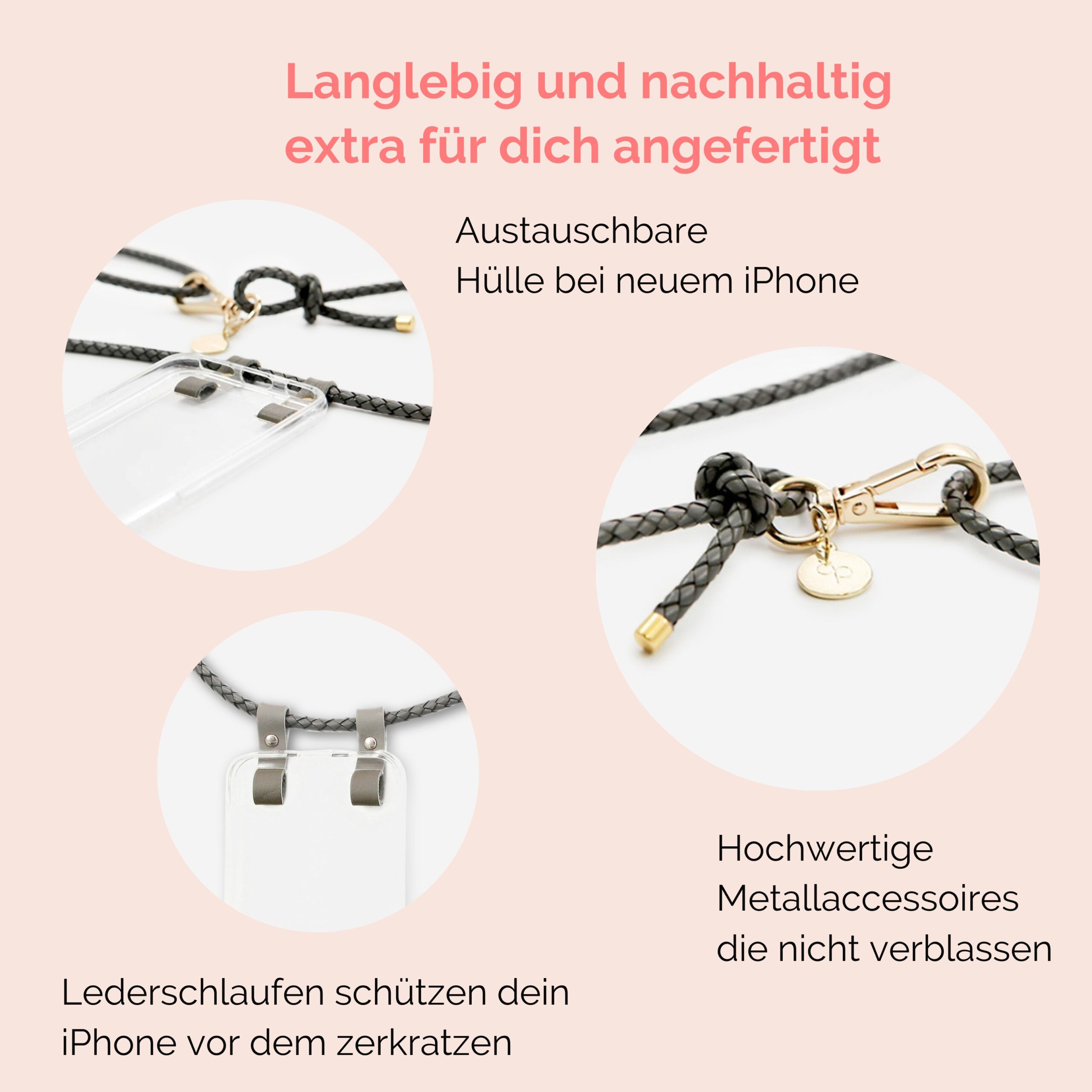 Handykette Leder mit geflochtener Lederkordel Romy in grau