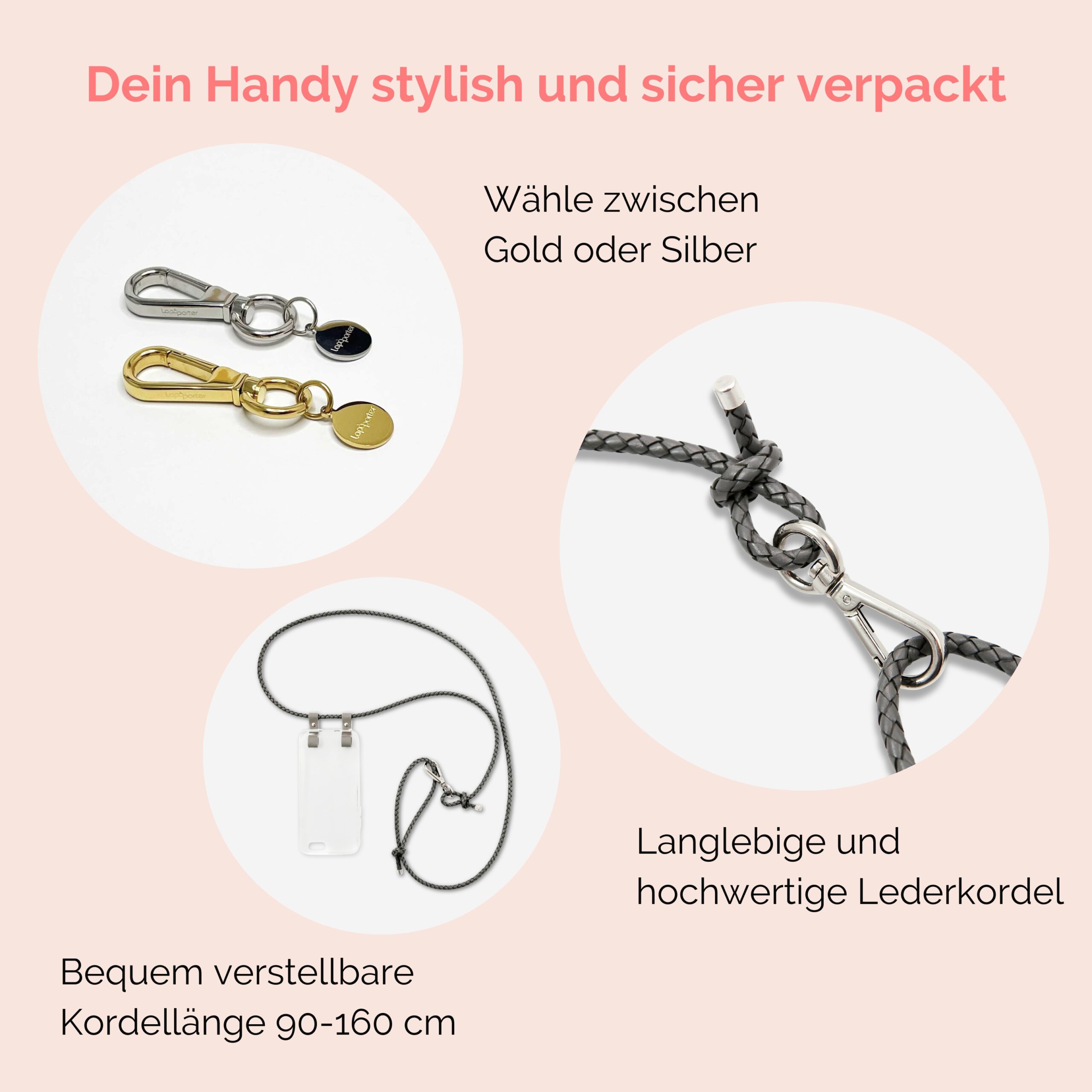 Handykette Leder mit geflochtener Lederkordel Romy in grau