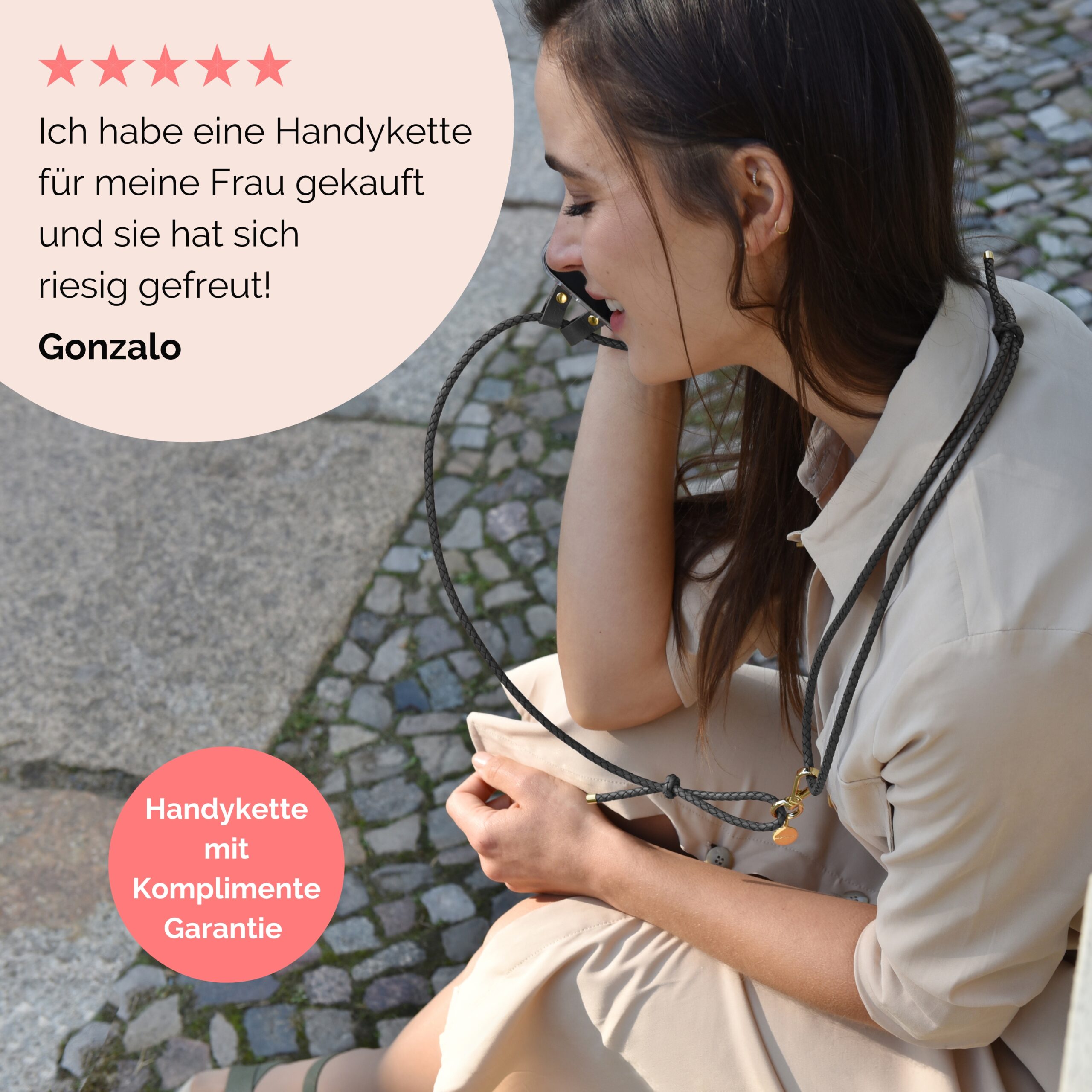 Handykette Leder mit geflochtener Lederkordel Romy in grau