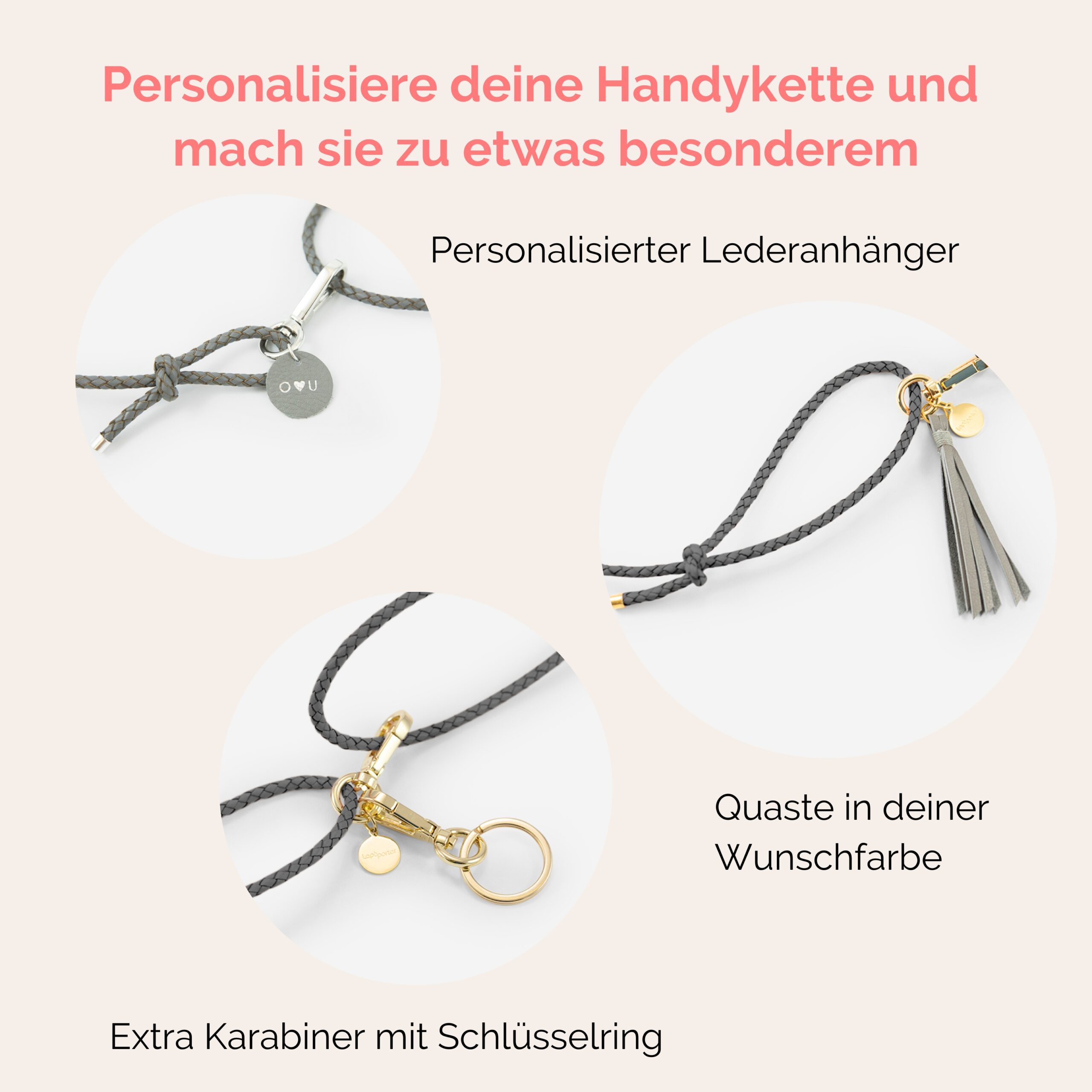 Handylette Leder mit geflochtener Lederkordel und Ledertasche Coco in grau