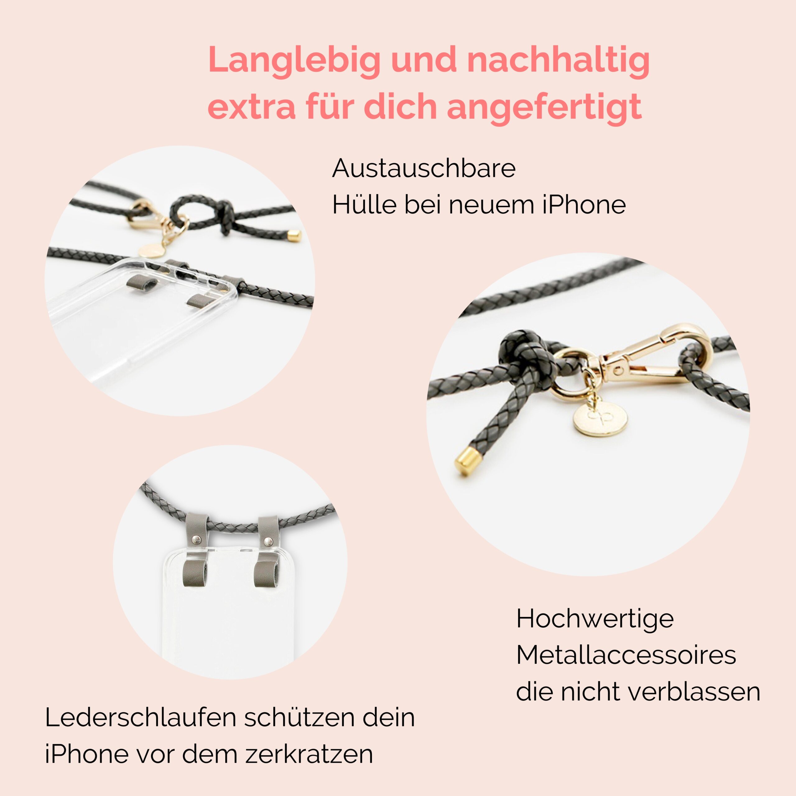 Handylette Leder mit geflochtener Lederkordel und Ledertasche Coco in grau