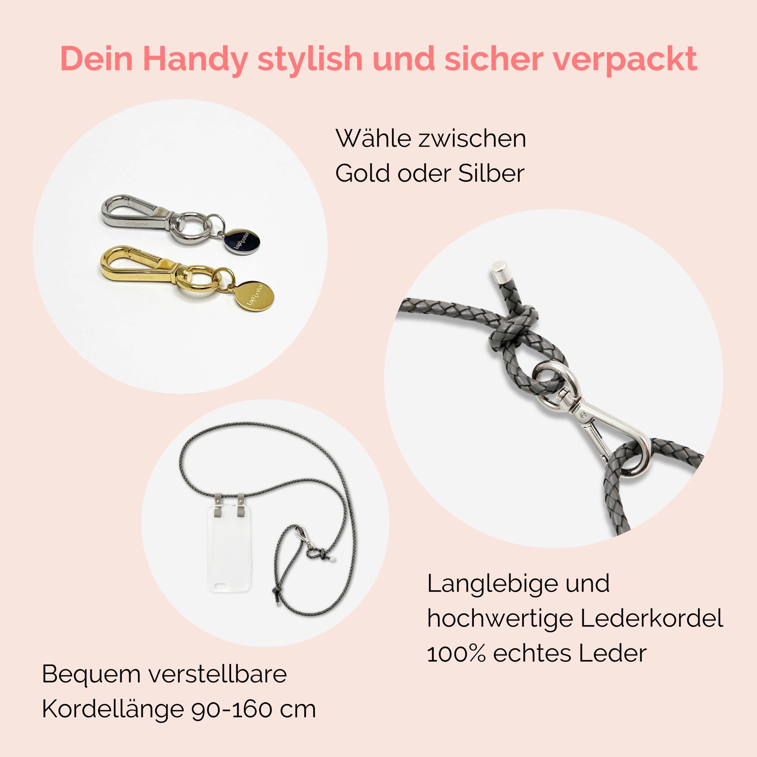 Handylette Leder mit geflochtener Lederkordel und Ledertasche Coco in grau