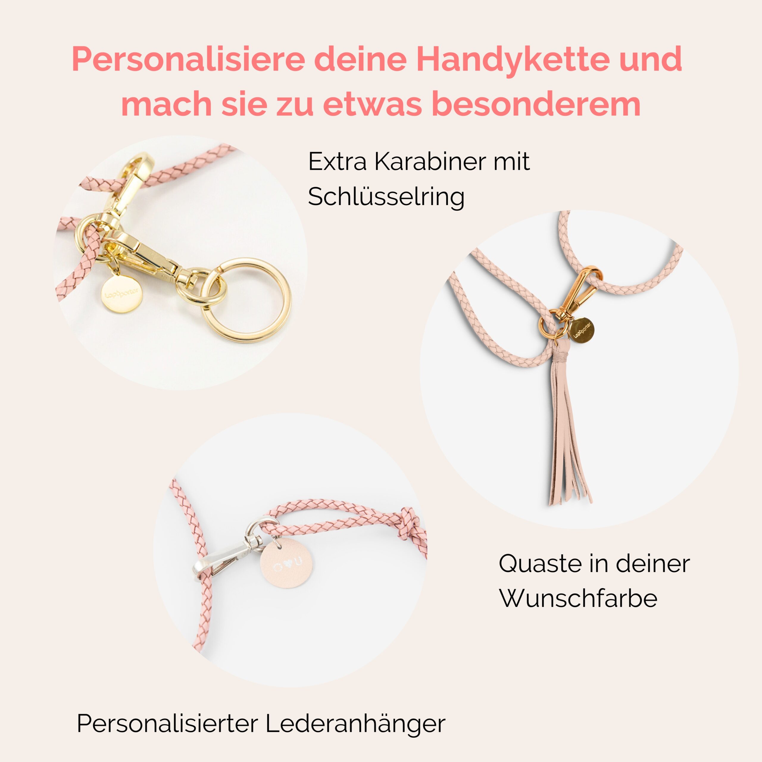 Handylette Leder mit geflochtener Lederkordel und Ledertasche Coco in rosé