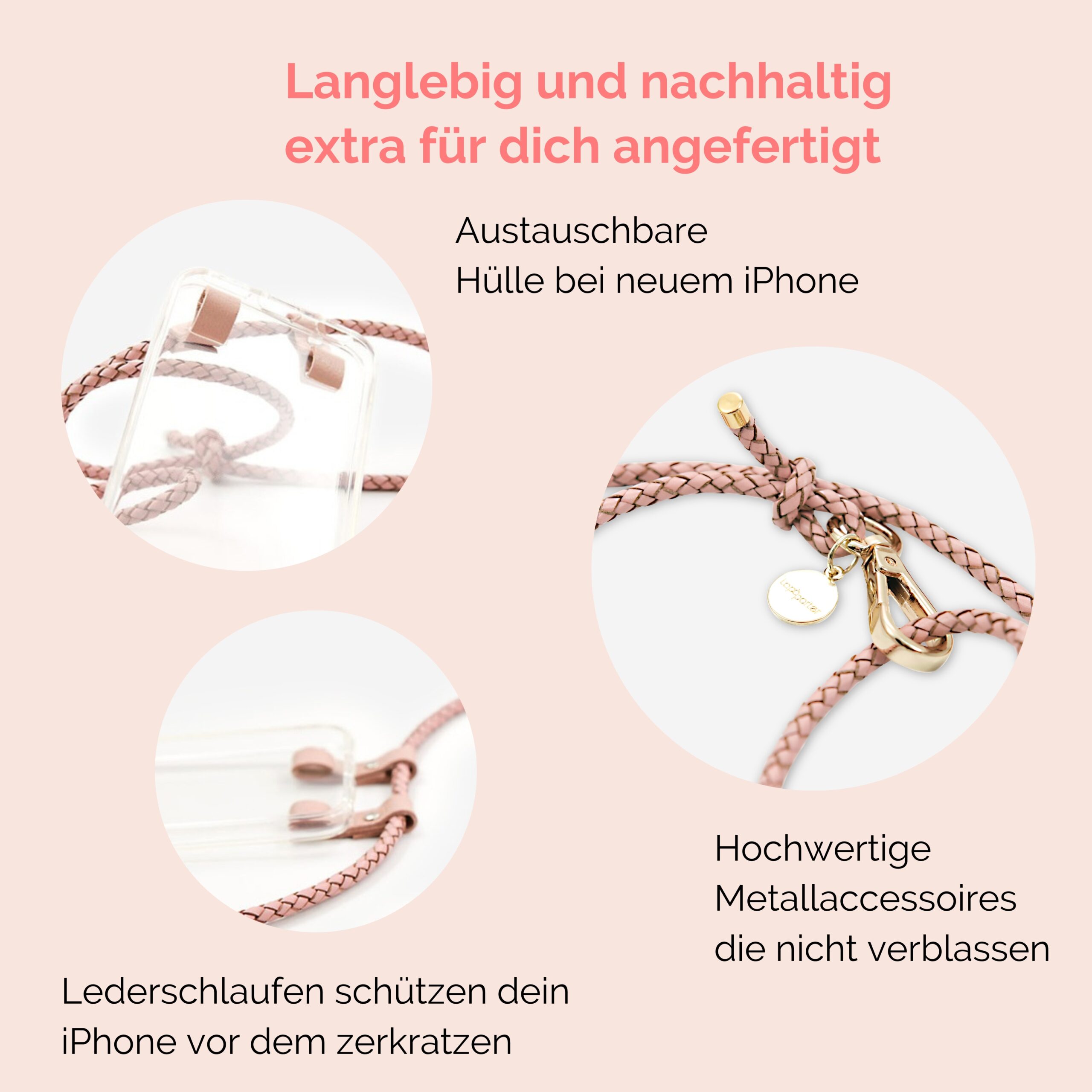 Handylette Leder mit geflochtener Lederkordel und Ledertasche Coco in rosé