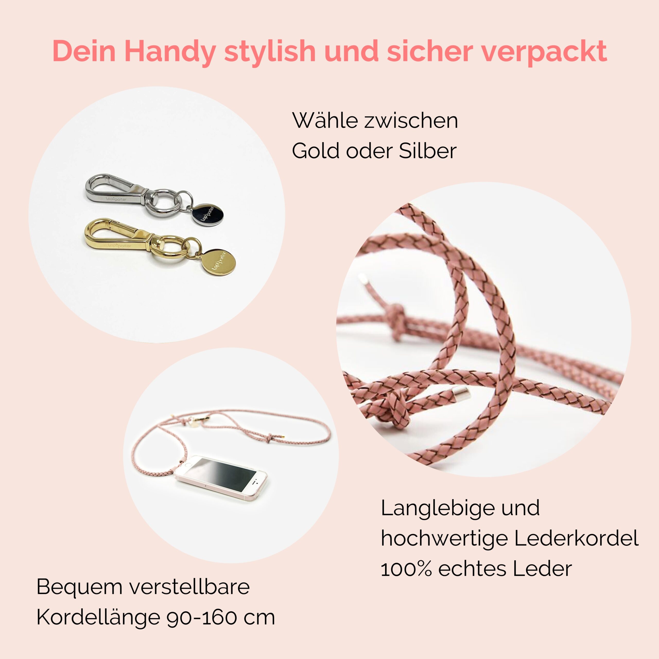 Handylette Leder mit geflochtener Lederkordel und Ledertasche Coco in rosé