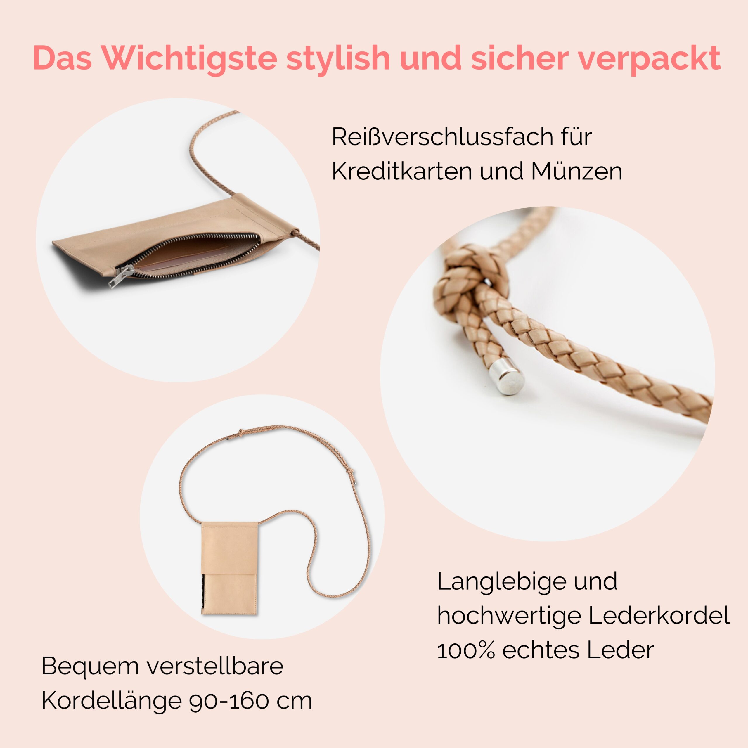 Handtasche aus Leder mit Portemonnaie zum umhängen in natur