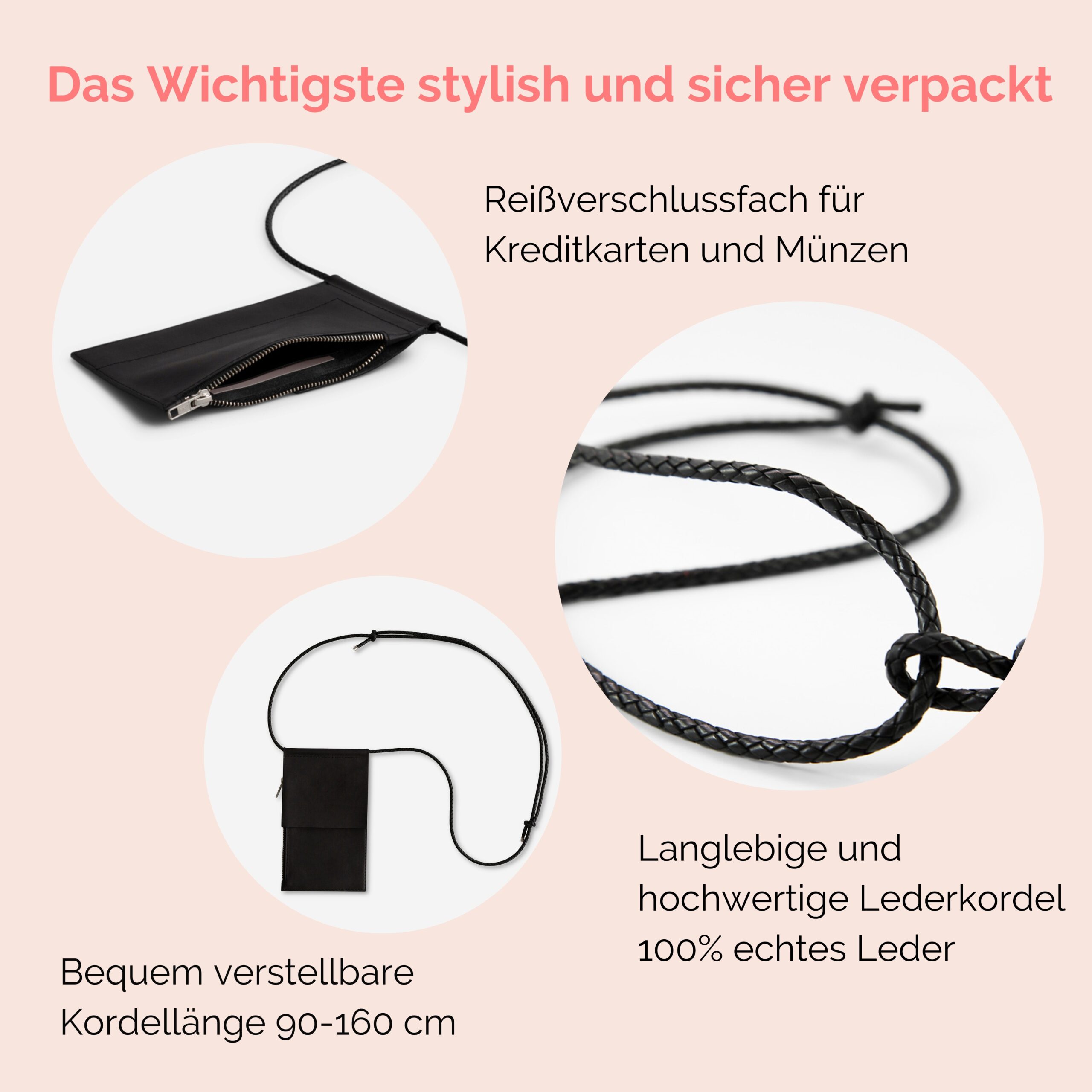 Handtasche aus Leder mit Portemonnaie zum umhängen in schwarz