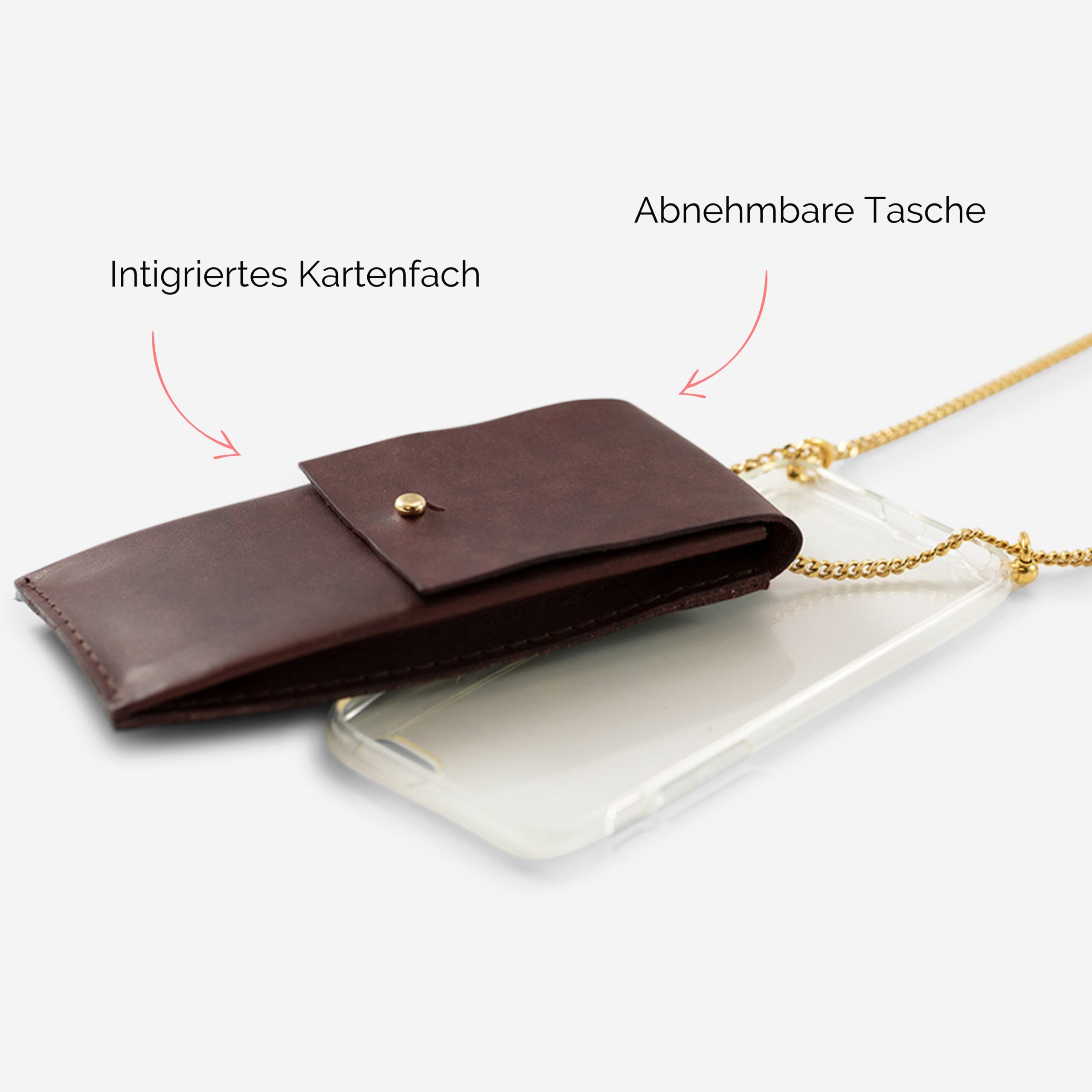 Handykette Edelstahl Gliederkette mit Lederriemen Monique und Tasche aus Leder in Bordeaux