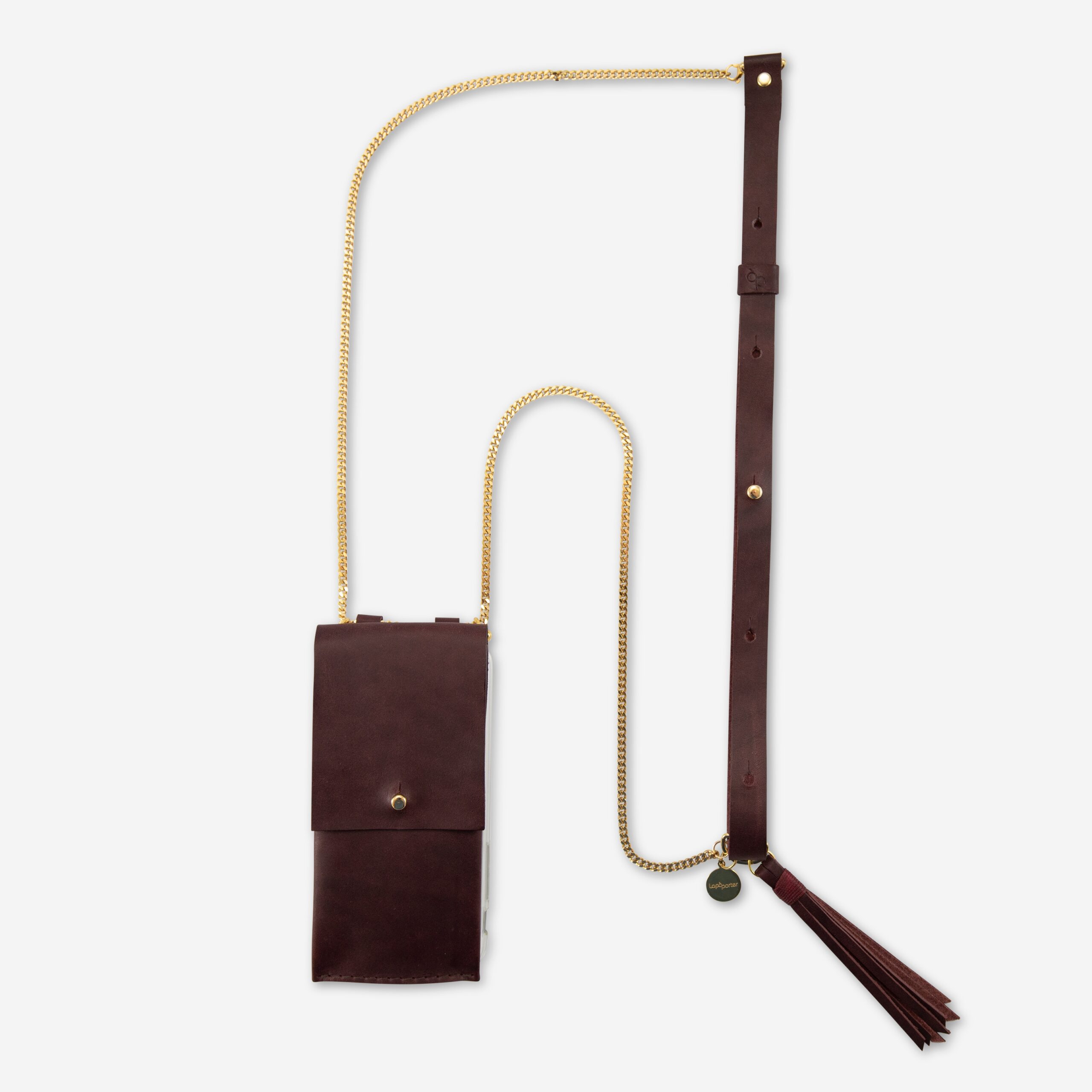 Handykette Edelstahl Gliederkette mit Lederriemen Monique und Tasche aus Leder in Bordeaux