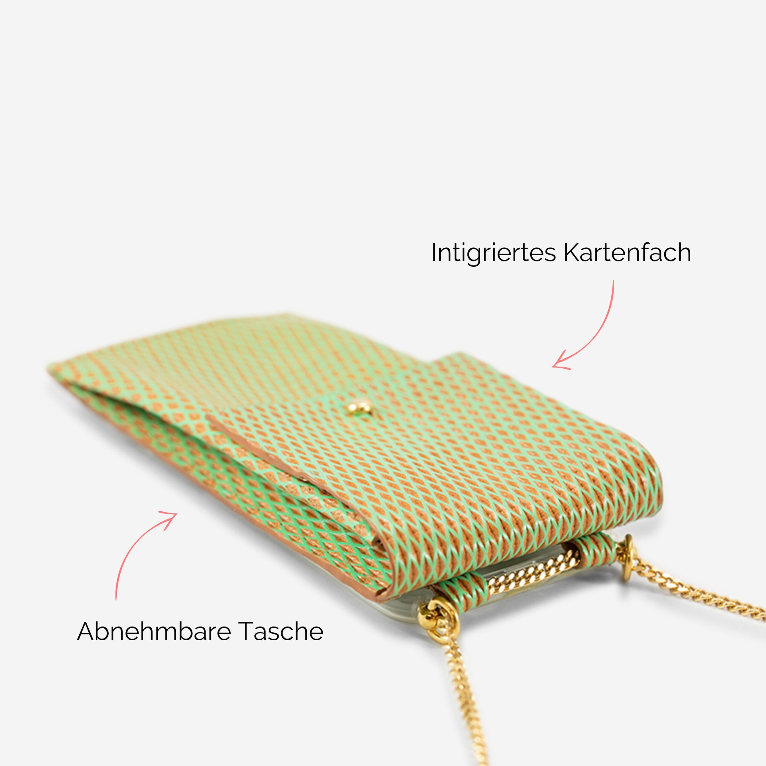 Handykette Edelstahl Gliederkette mit Lederriemen Monique und Tasche aus Leder in mint