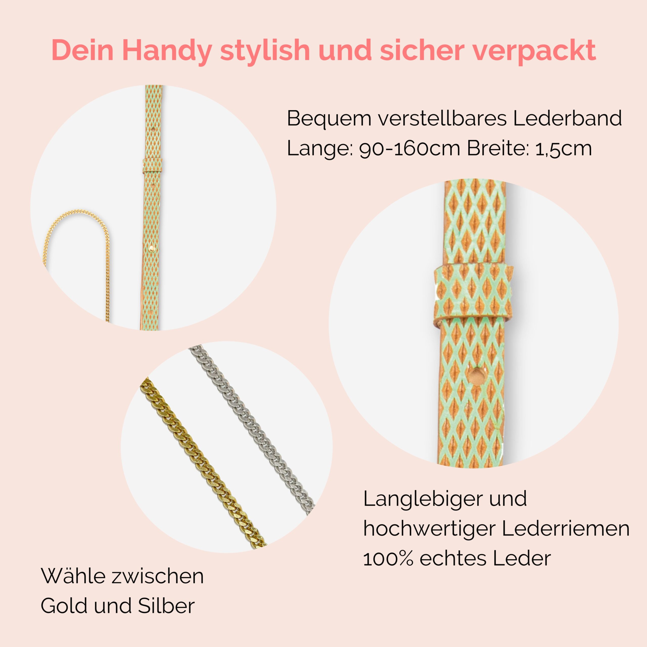 Handykette Edelstahl Gliederkette mit Lederriemen Monique und Tasche aus Leder in mint