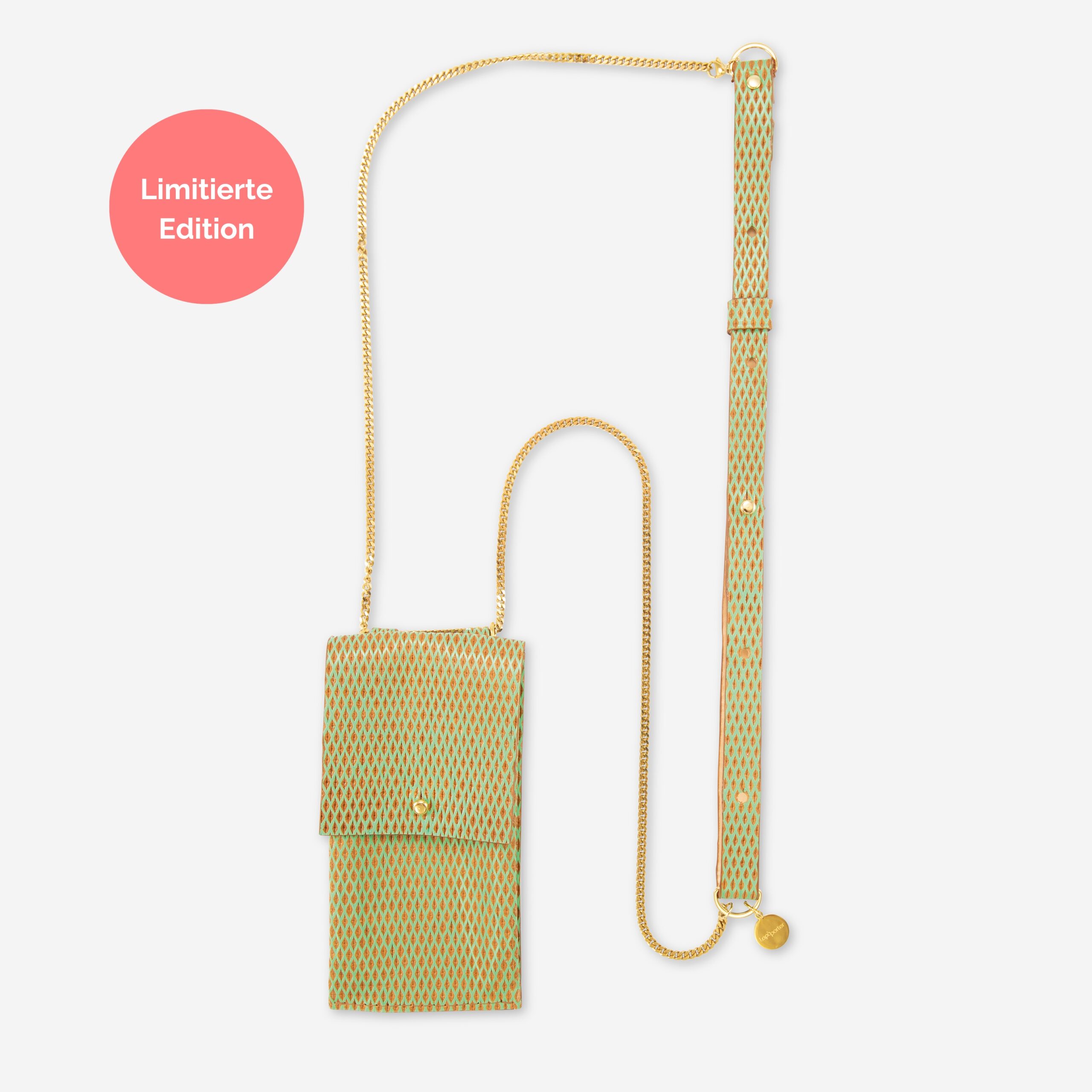 Handykette Edelstahl Gliederkette mit Lederriemen Monique und Tasche aus Leder in mint