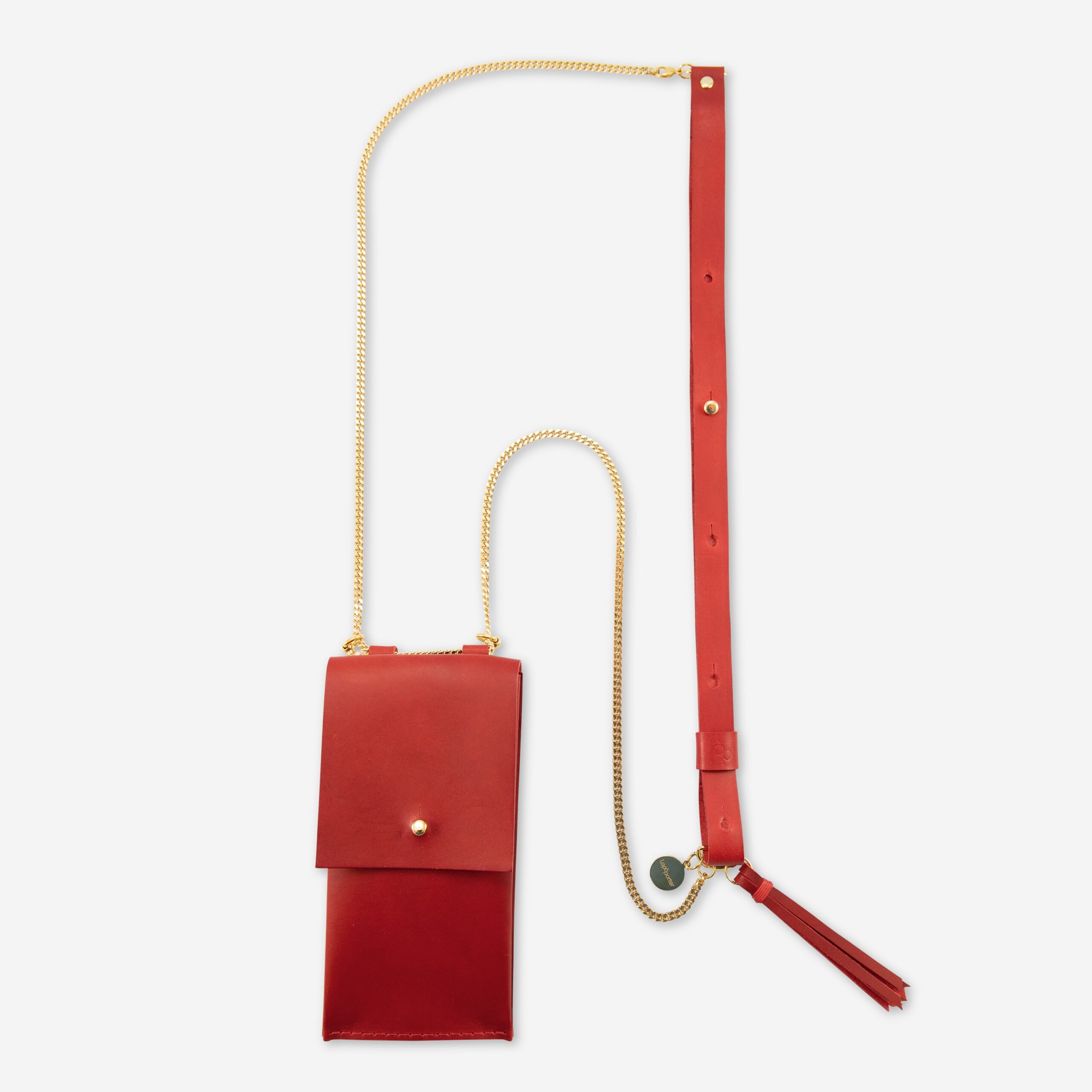 Handykette Edelstahl Gliederkette mit Lederriemen Monique und Tasche aus Leder in rot