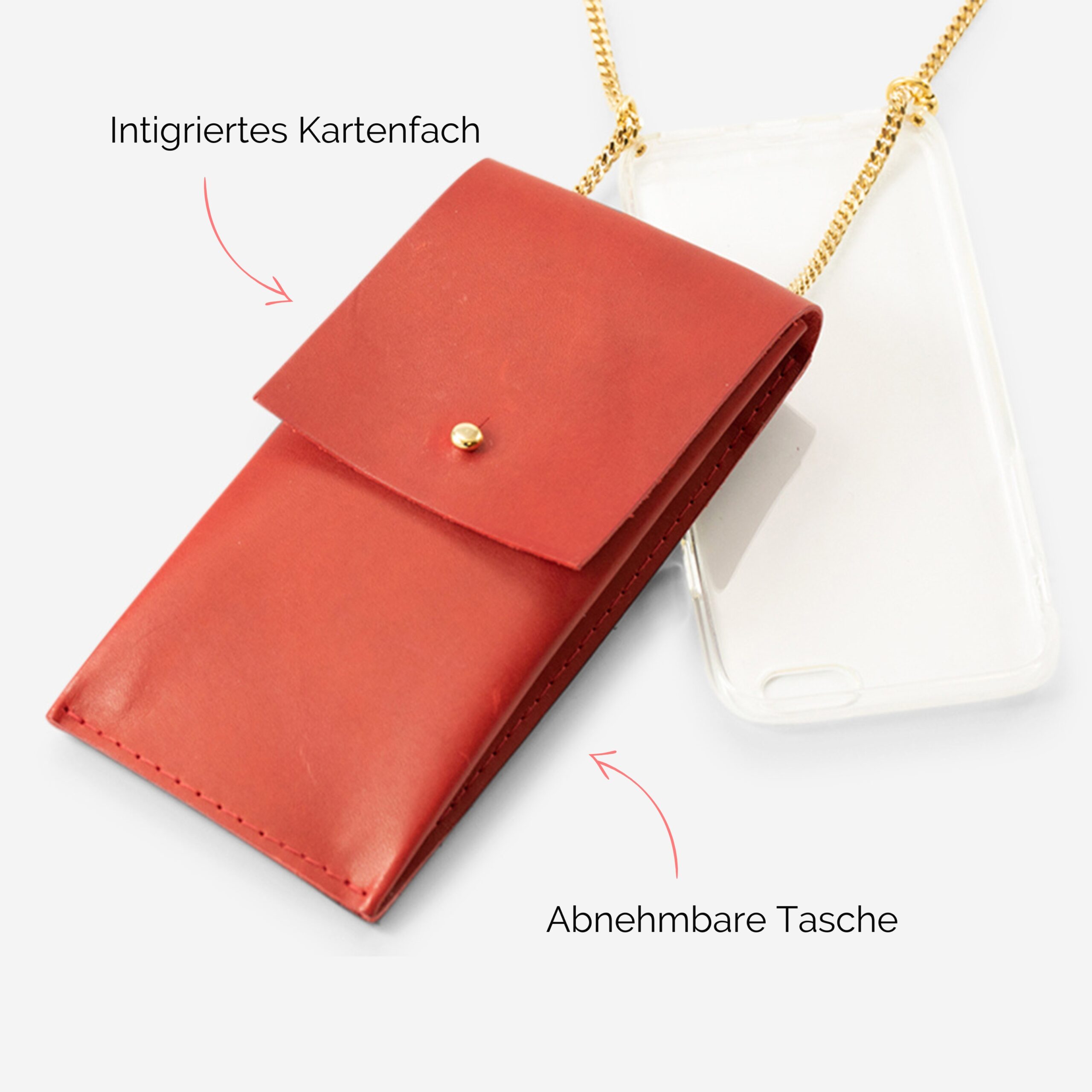 Handykette Edelstahl Gliederkette mit Lederriemen Monique und Tasche aus Leder in rot