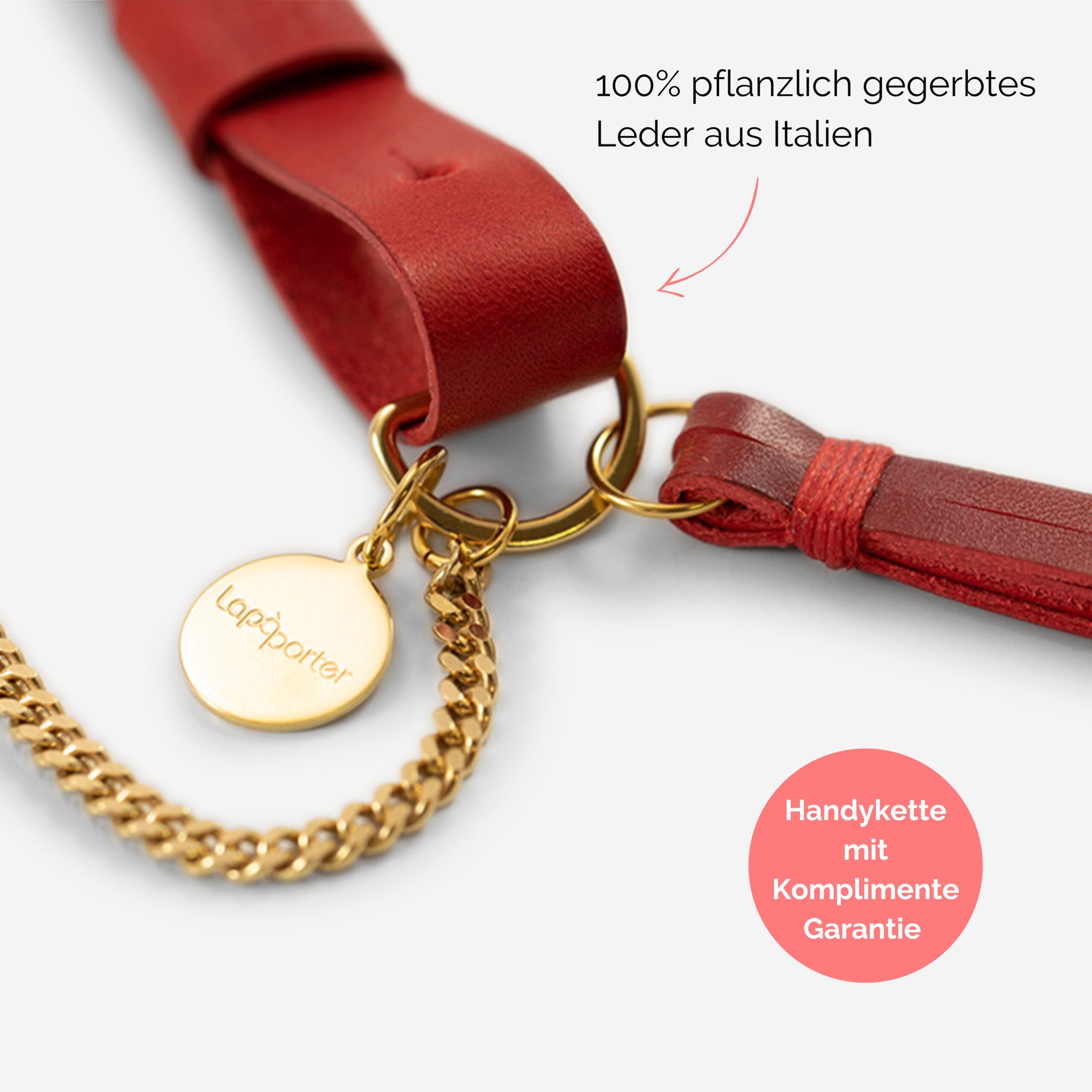 Handykette Edelstahl Gliederkette mit Lederriemen Monique und Tasche aus Leder in rot