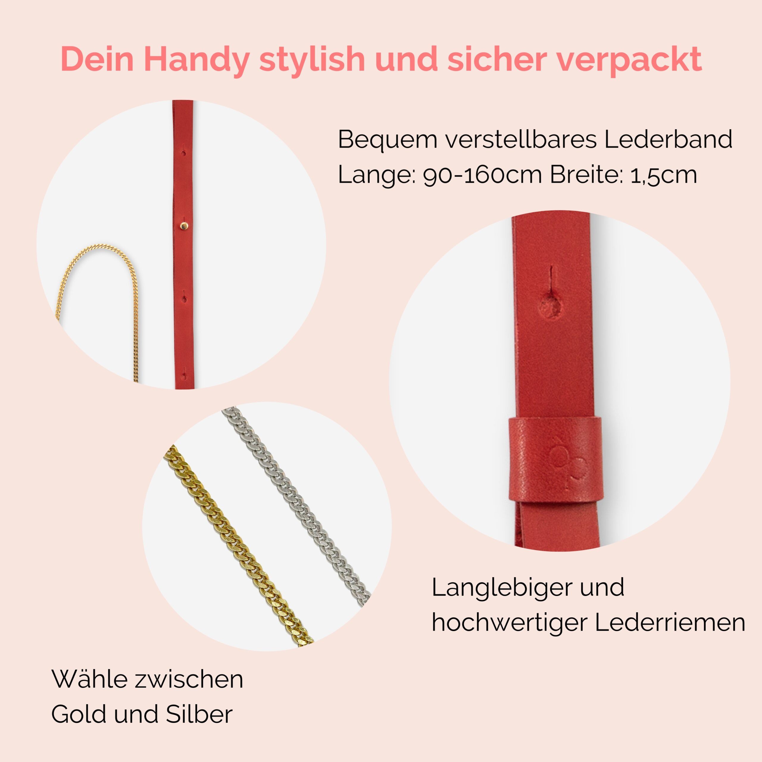 Handykette Edelstahl Gliederkette mit Lederriemen Monique und Tasche aus Leder in rot