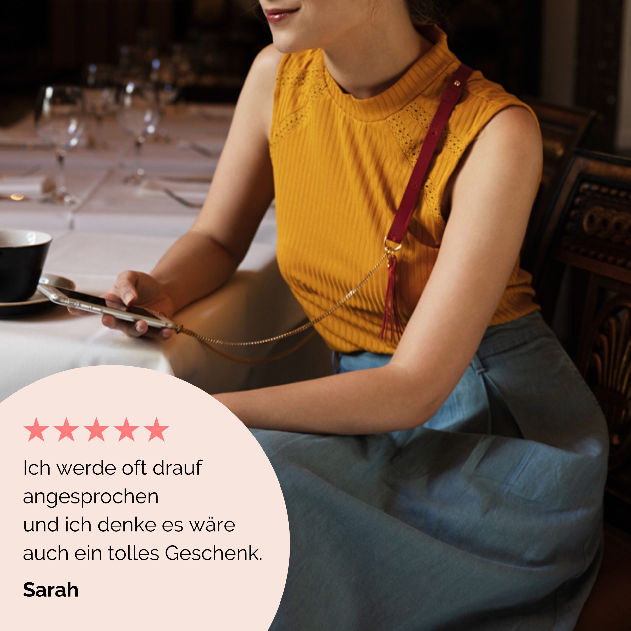 Handykette Edelstahl Gliederkette mit Lederriemen Monique und Tasche aus Leder in rot