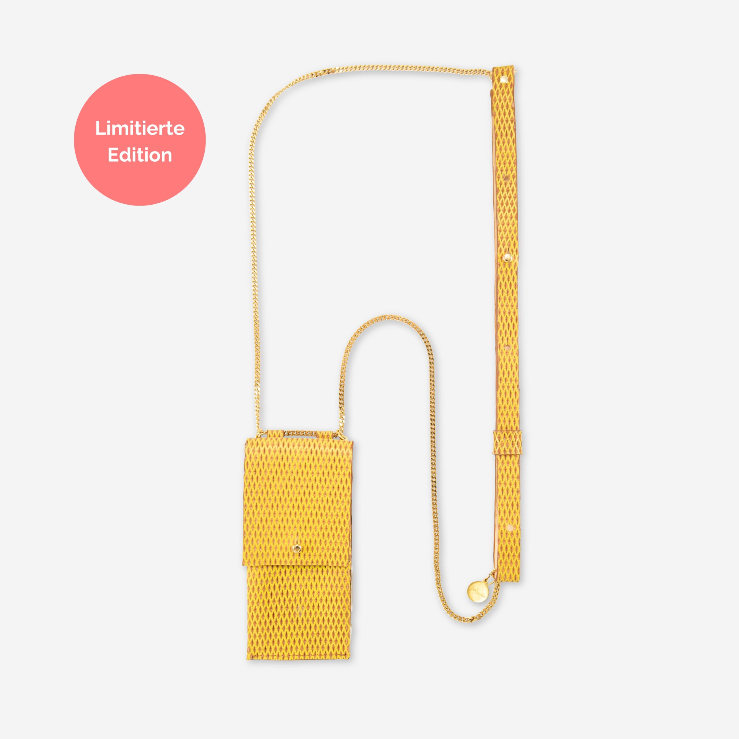 Handykette Edelstahl Gliederkette mit Lederriemen Monique und Tasche aus Leder in senf