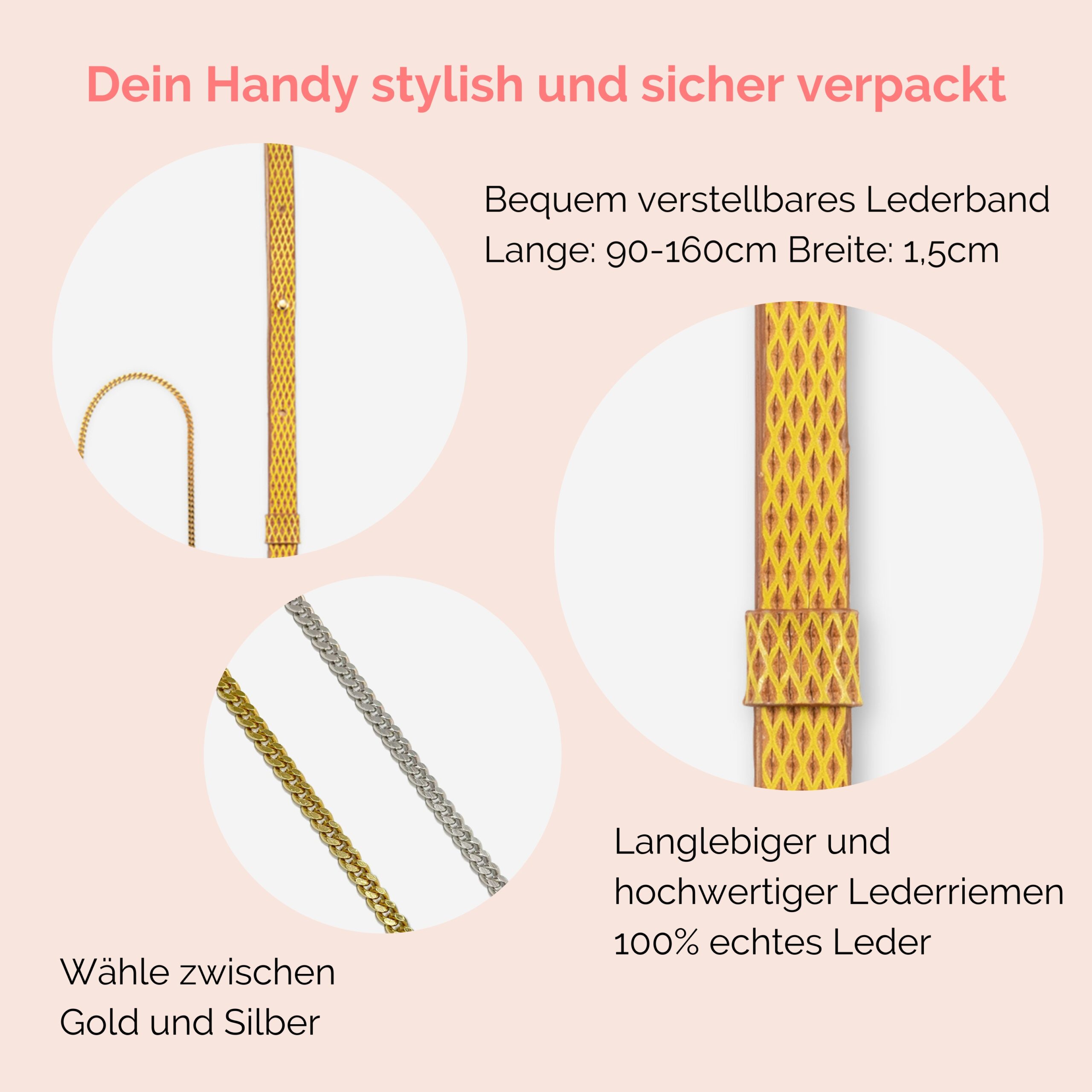 Handykette Edelstahl Gliederkette mit Lederriemen Monique und Tasche aus Leder in senf