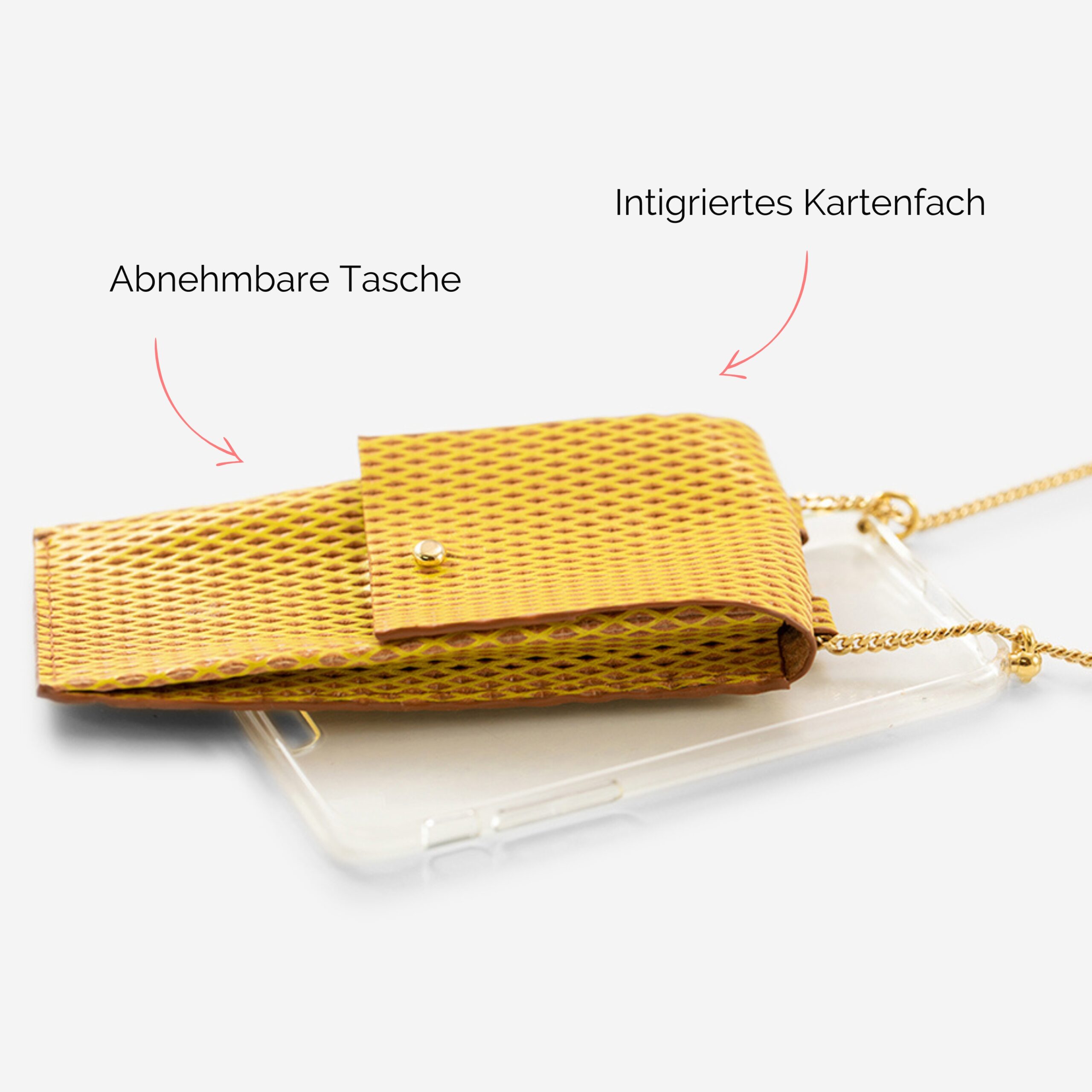 Handykette Edelstahl Gliederkette mit Lederriemen Monique und Tasche aus Leder in senf