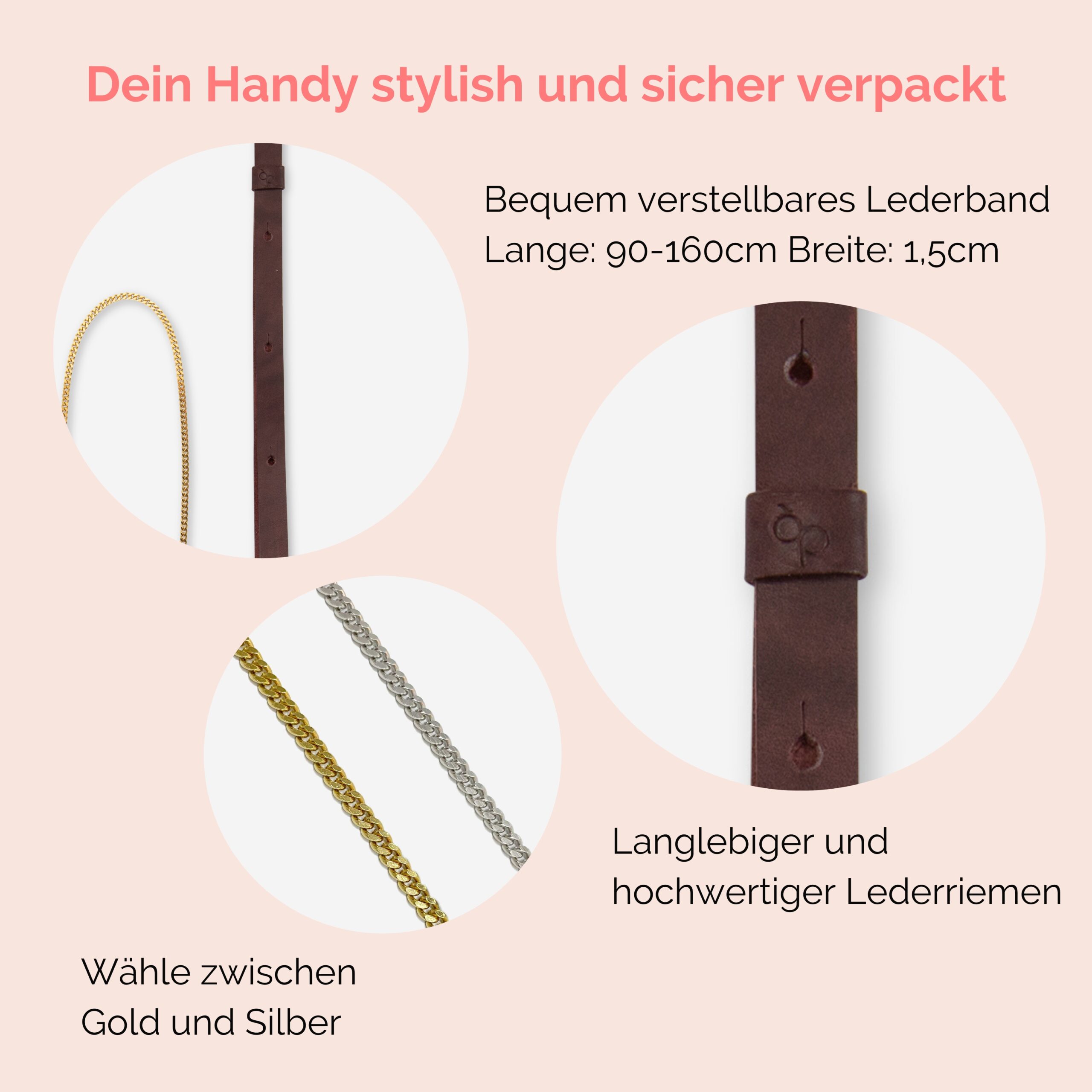 Handykette Edelstahl Gliederkette mit Lederriemen Monique in Bordeaux