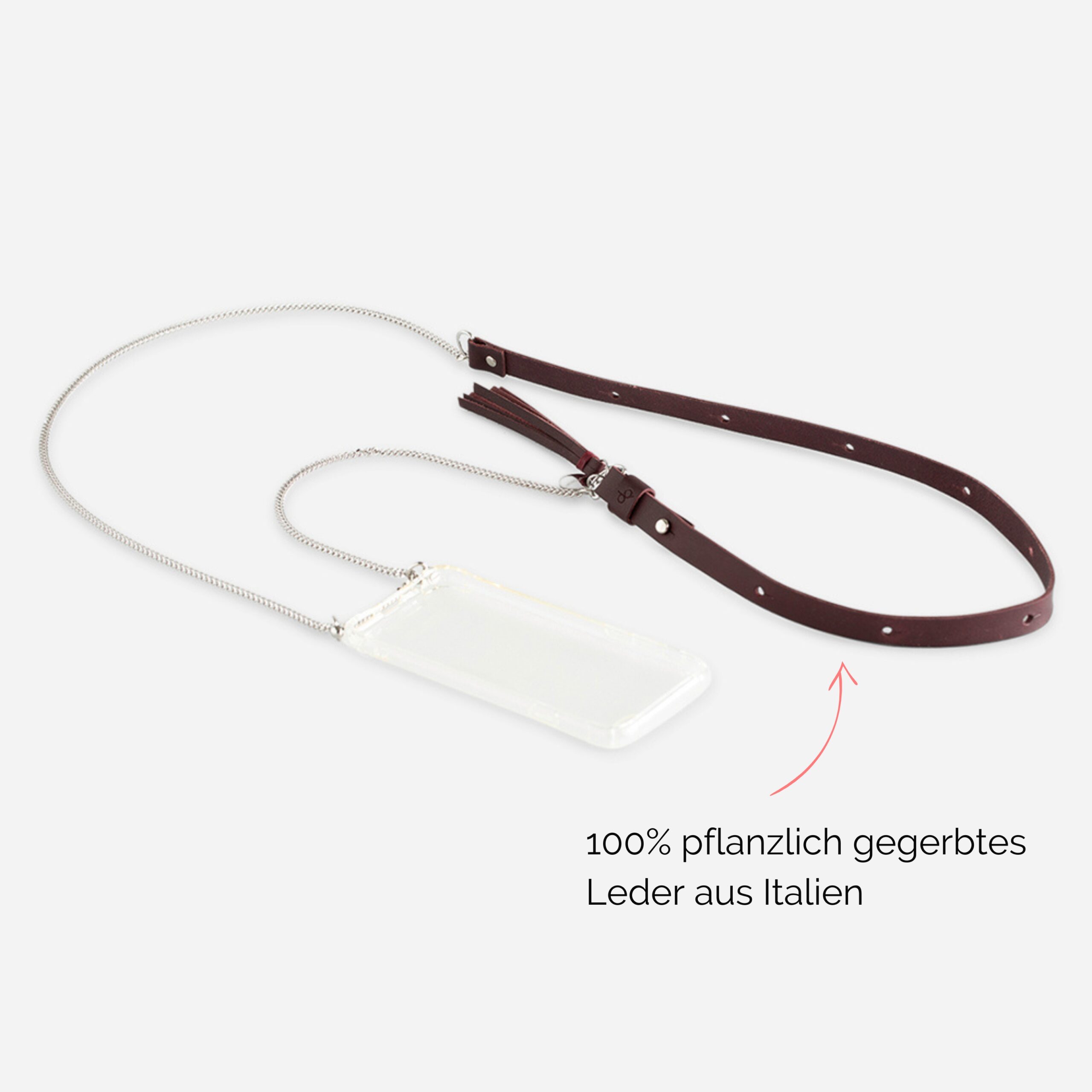 Handykette Edelstahl Gliederkette mit Lederriemen Monique in Bordeaux