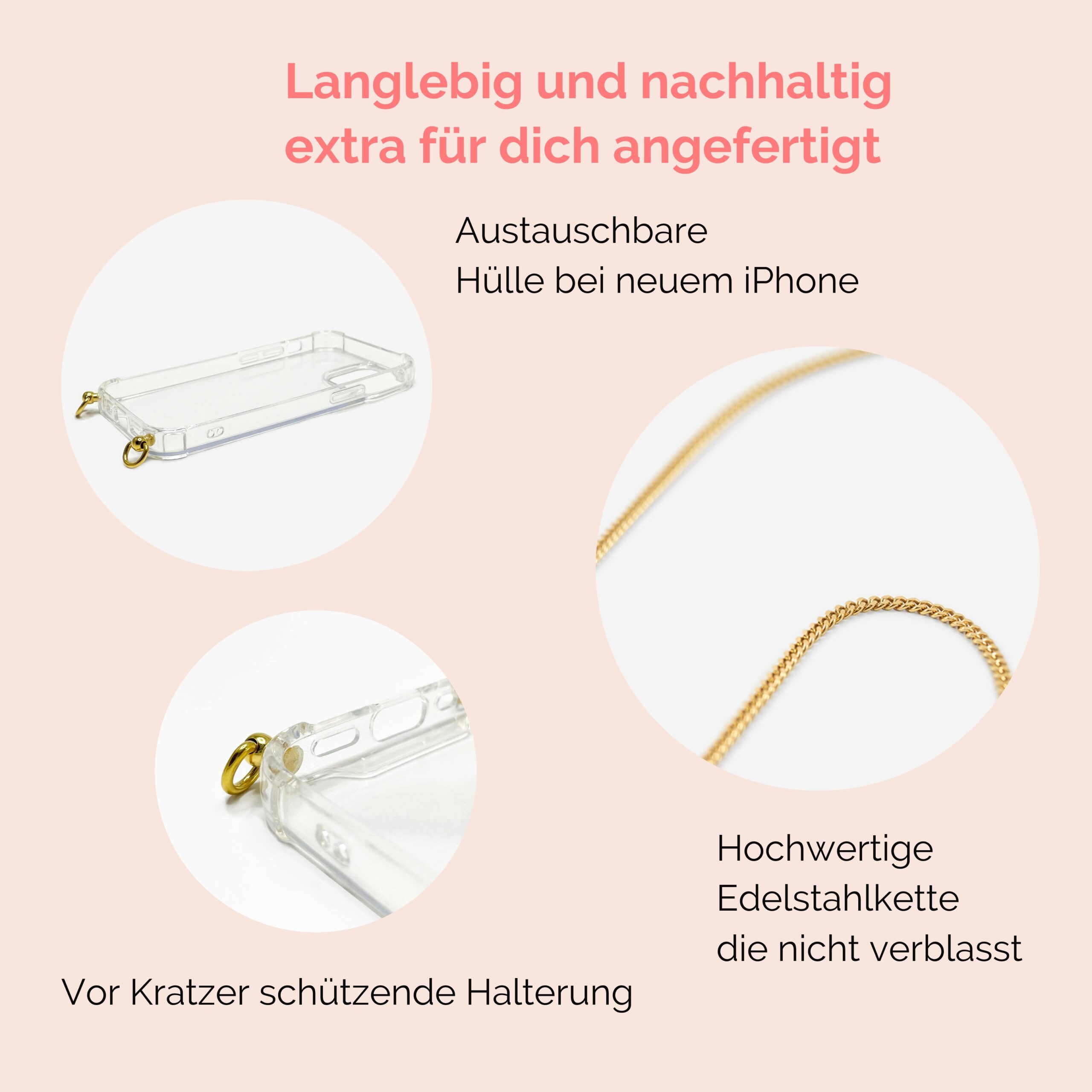 Handykette Edelstahl Gliederkette mit Lederriemen Monique in natur