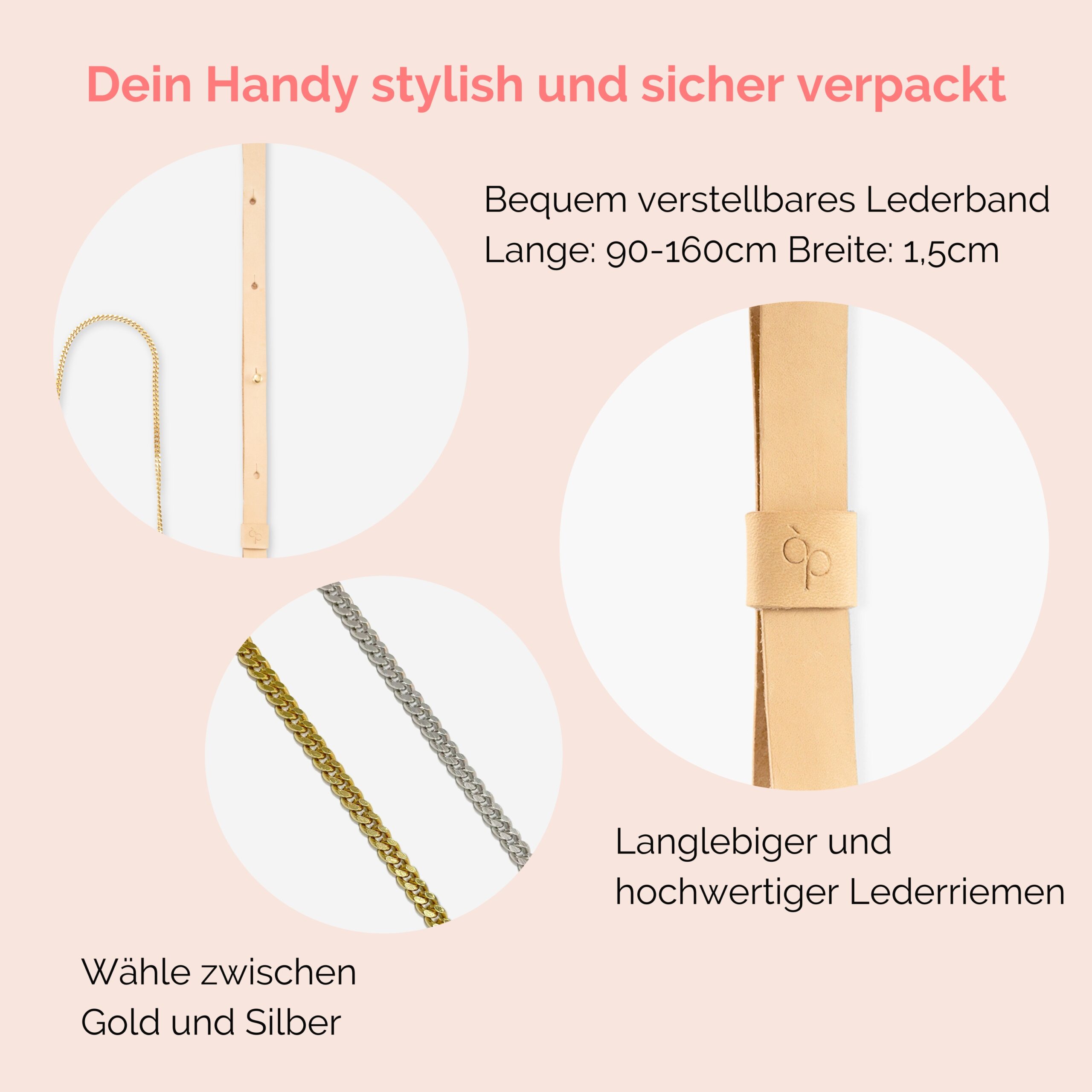 Handykette Edelstahl Gliederkette mit Lederriemen Monique in natur