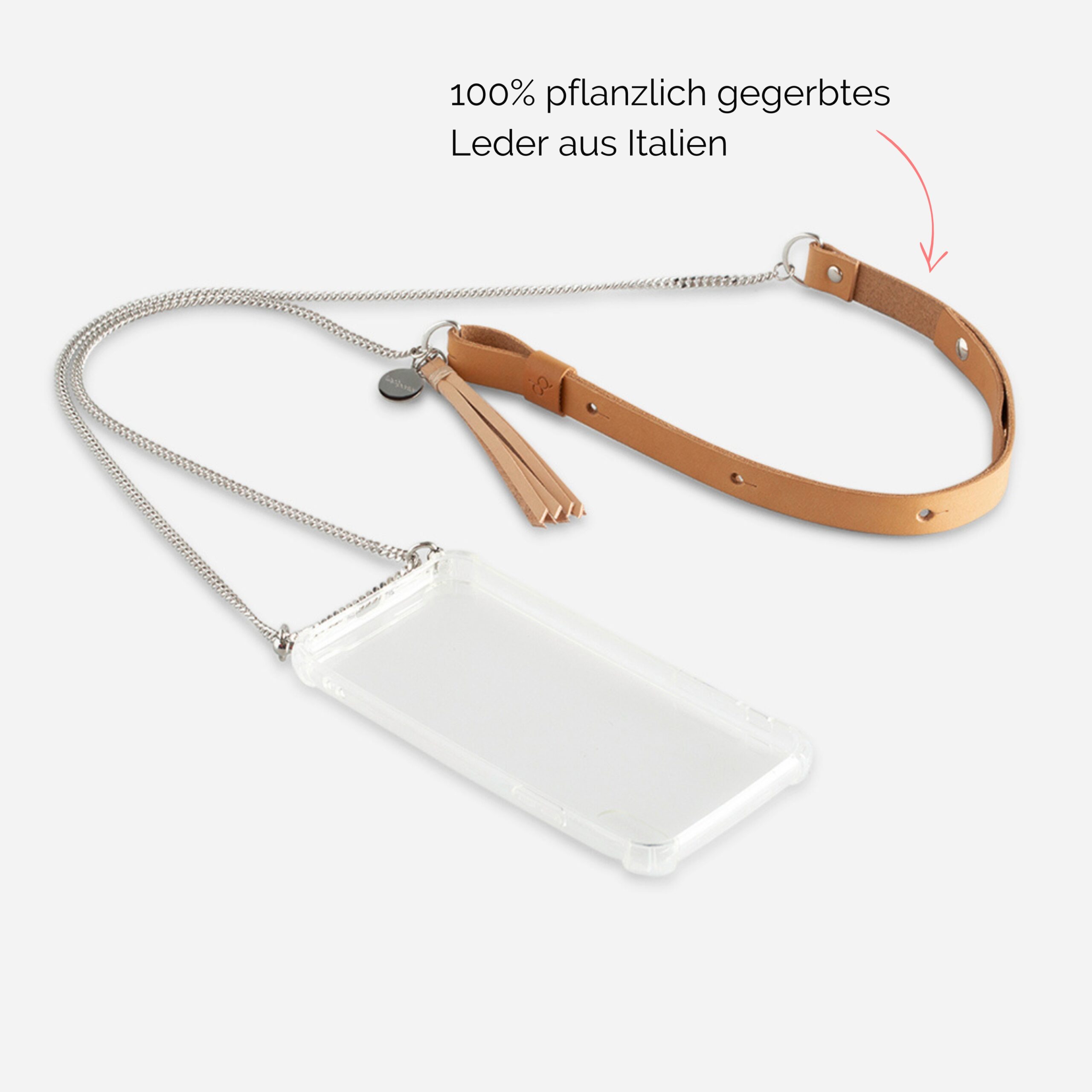 Handykette Edelstahl Gliederkette mit Lederriemen Monique in natur