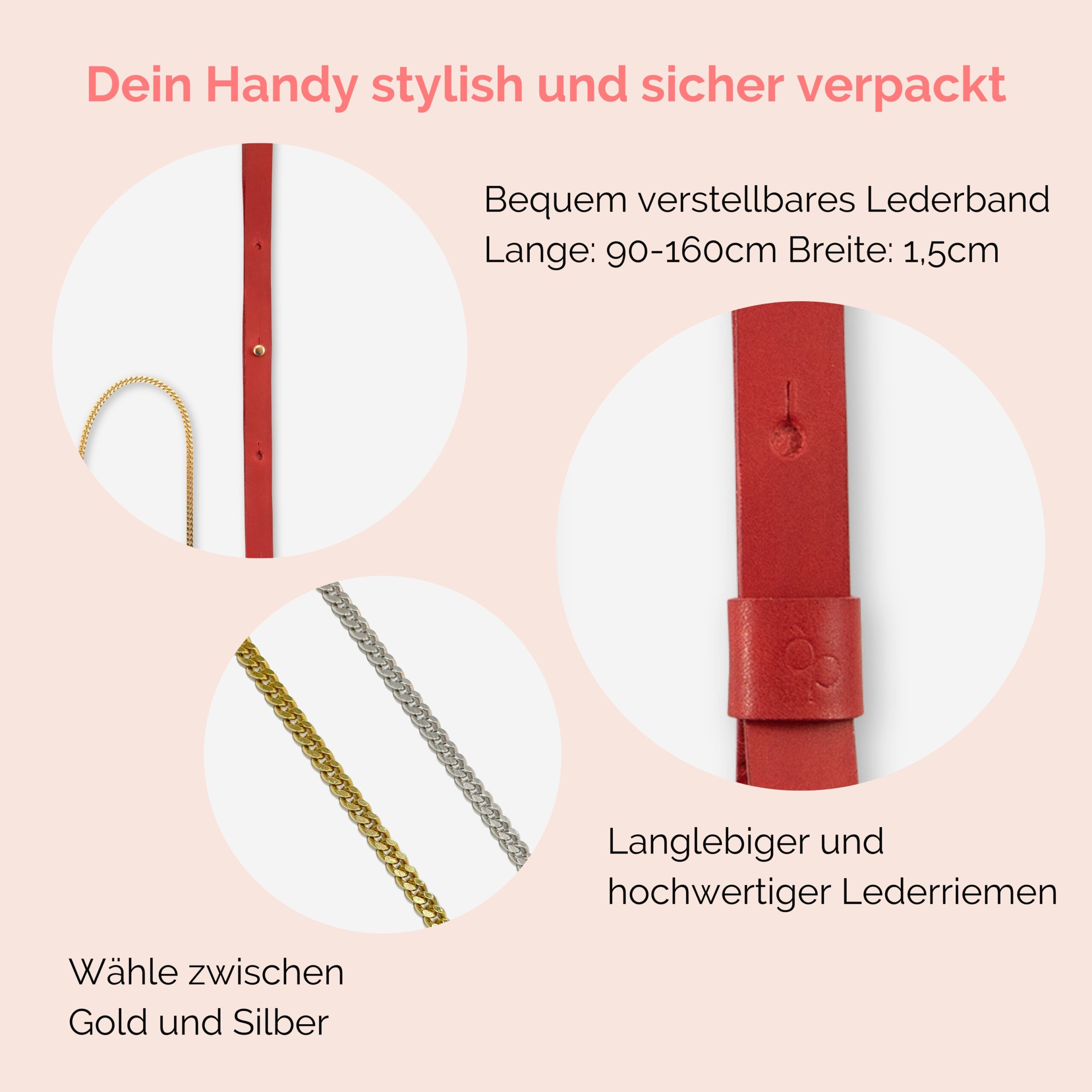 Handykette Edelstahl Gliederkette mit Lederriemen Monique in rot