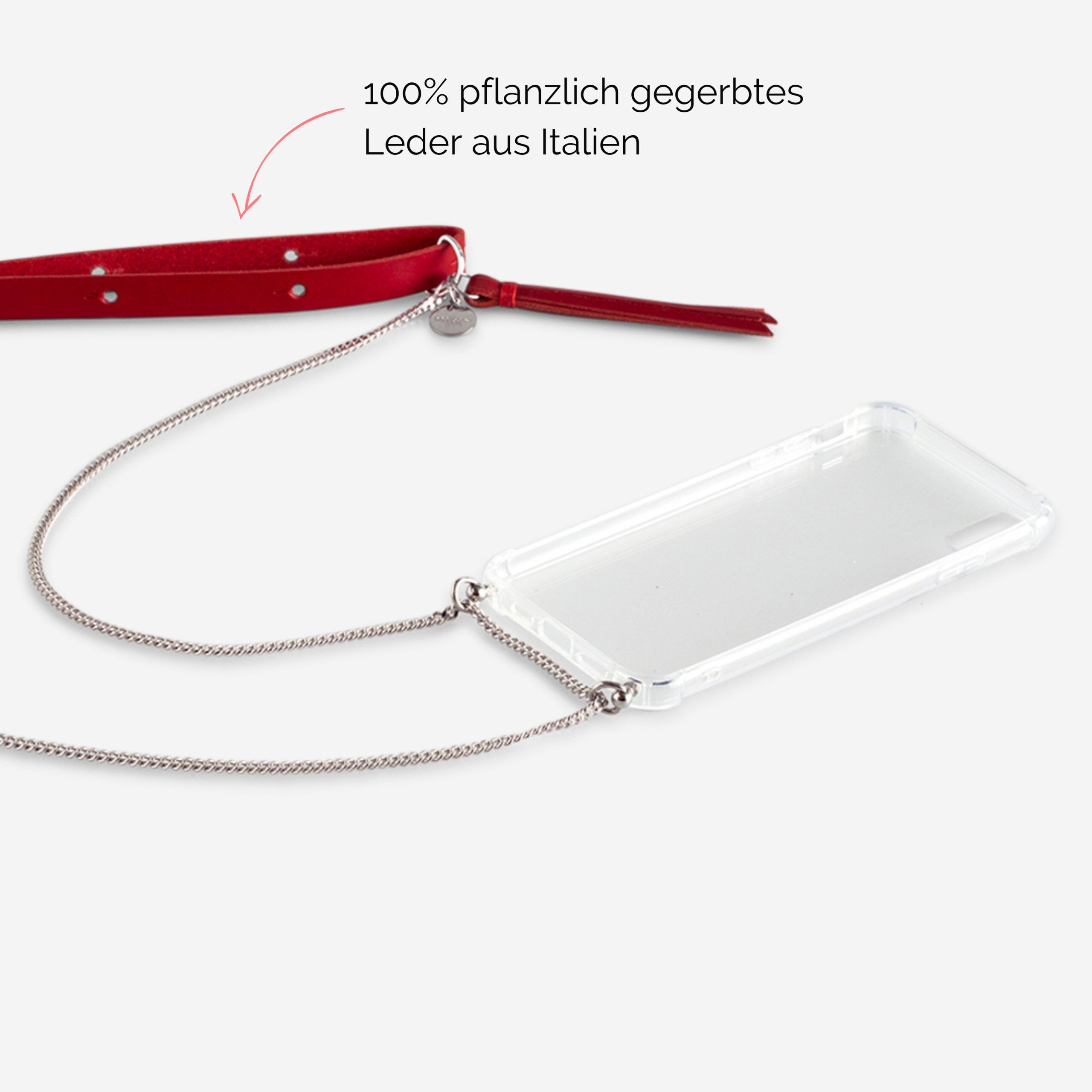 Handykette Edelstahl Gliederkette mit Lederriemen Monique in rot